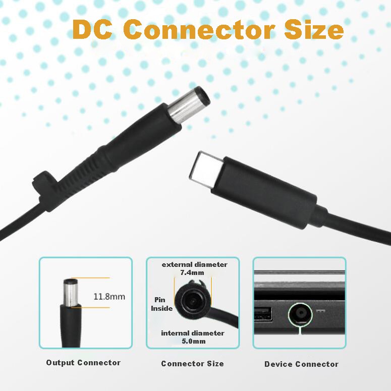 USB-C Type C to 7.4mm 5.0mm round Tip Charging Power Cable for Dell 65W 7.4mm*5.0mm round tip laptops