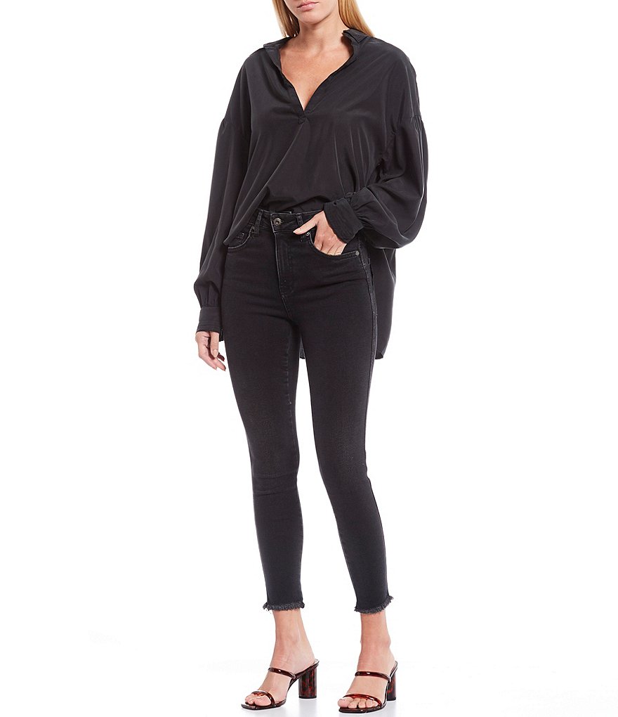 Free People Raw Hem High Rise Cotton Blend Jeans