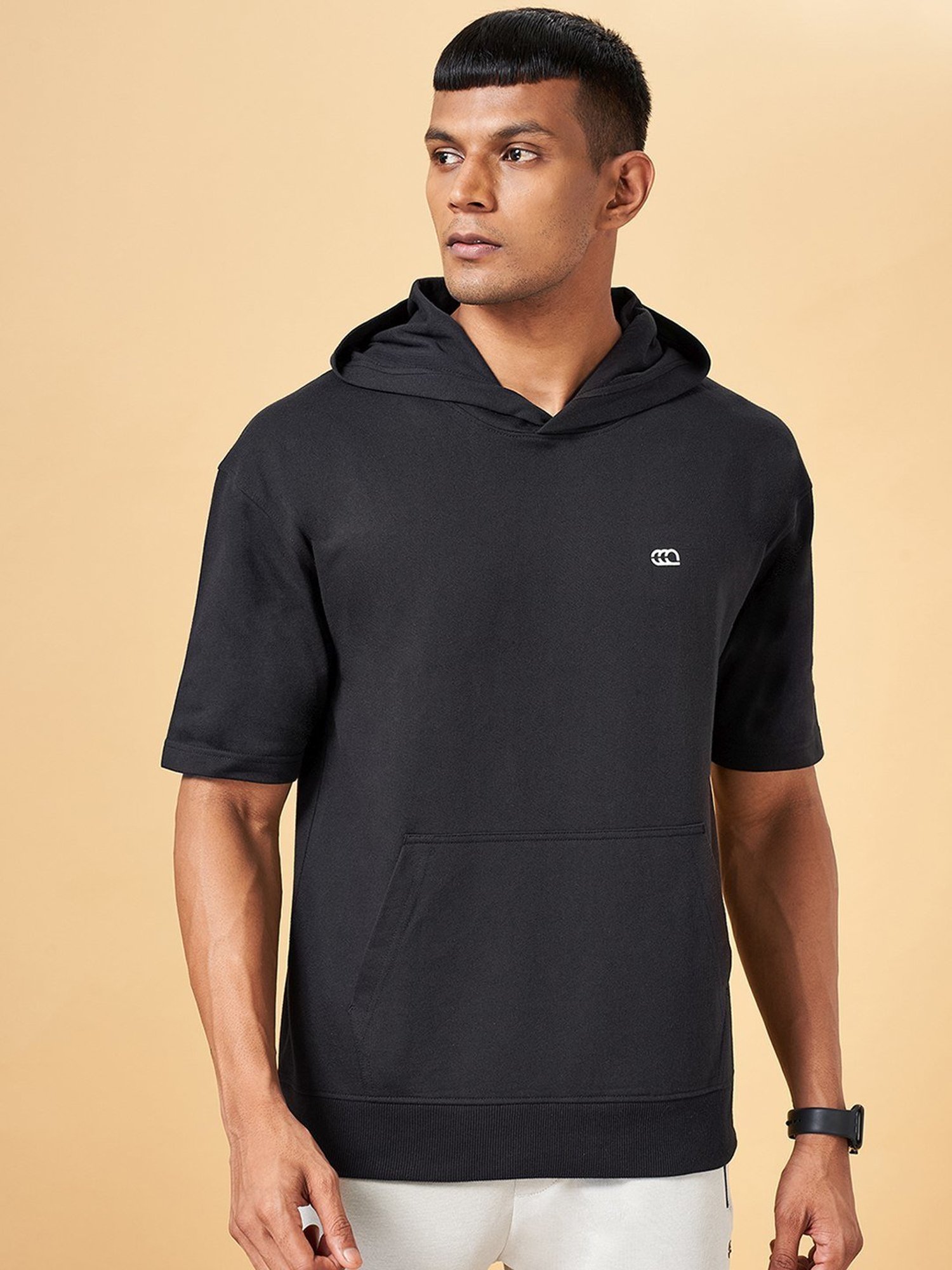 Ajile by Pantaloons Jet Black Slim Fit Hooded T-Shirt