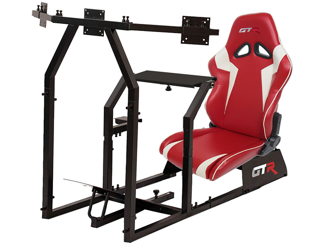 GTR Racing Simulator GTAF-BLK-S105LWHTRD - GTA-F Model (Black) Triple or Single Monitor Stand with White/Red Adjustable Leatherette Seat, Racing Simulator Cockpit gaming chair Single Monitor Stand