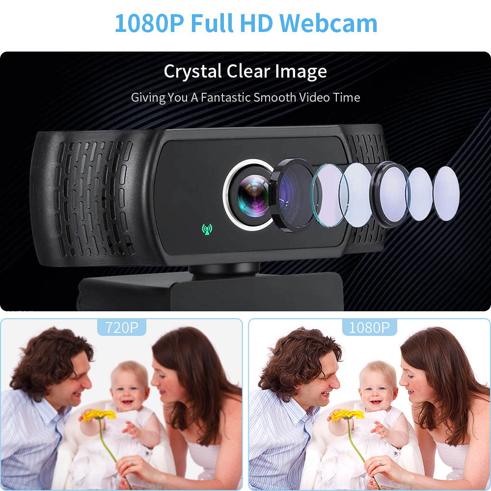 Portholic 1080P webcam with microphone, full HD PC / laptop web camera with tripod, automatic light correction, USB 2.0 plug & play for live streaming, video calls, online lessons, conference, games