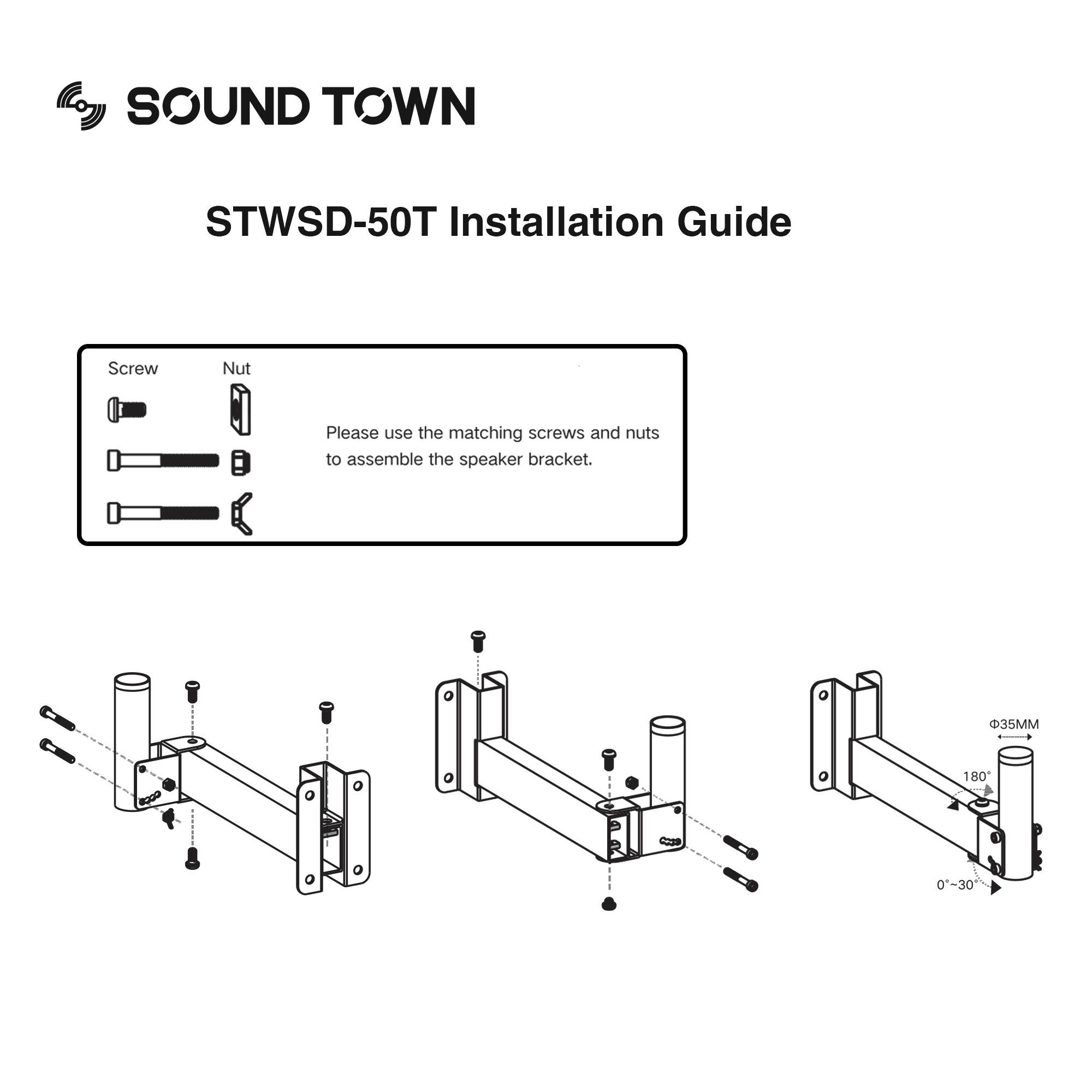 Sound Town 2-Pack Adjustable Wall Mount Speaker Brackets with 180-degree Swivel, 30-degree Angle Adjustment (STWSD-50T-PAIR)