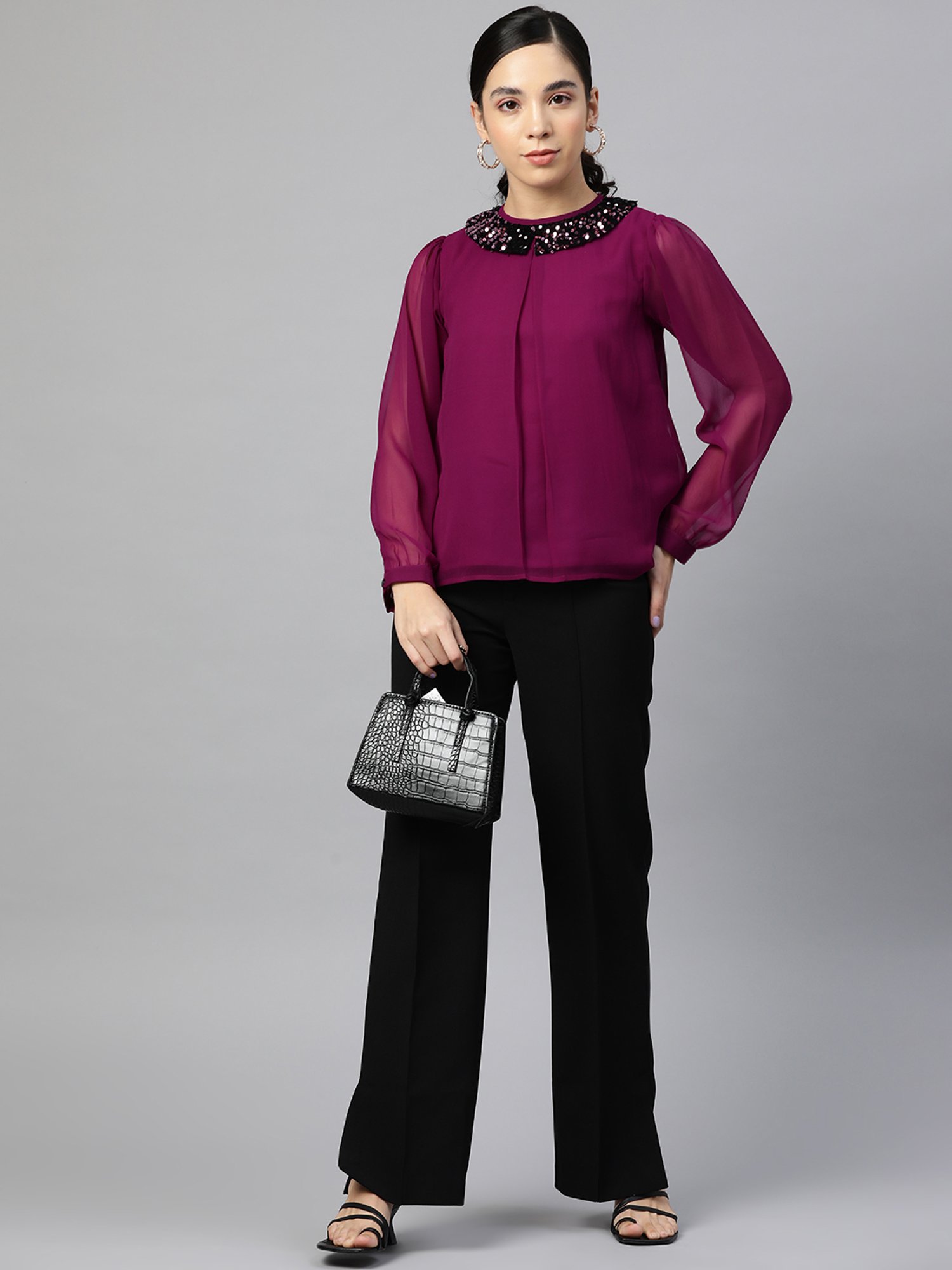 Cottinfab Purple Peter Pan Collar Georgette Top