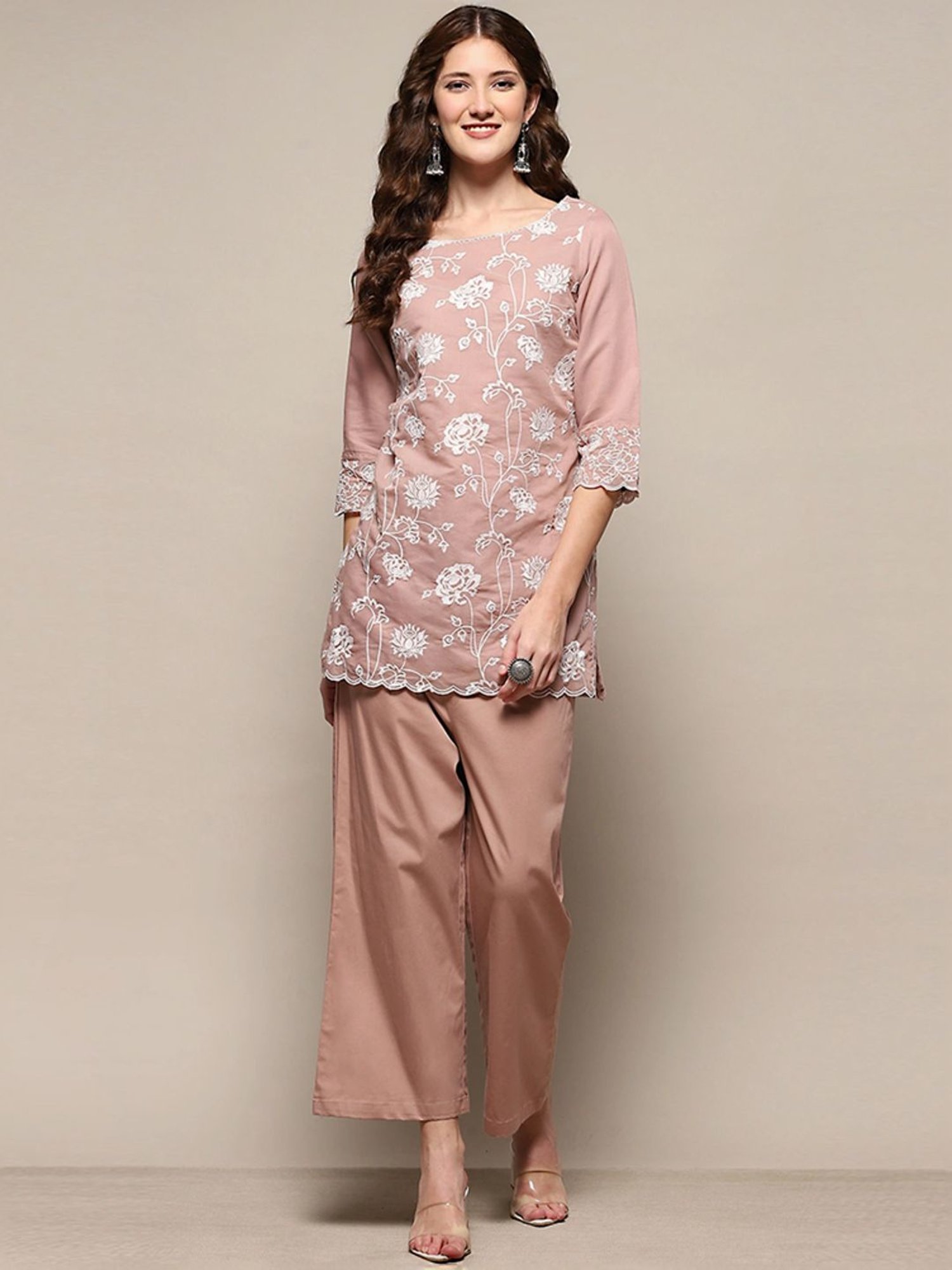 Biba Beige Embroidered Kurti Palazzo Set