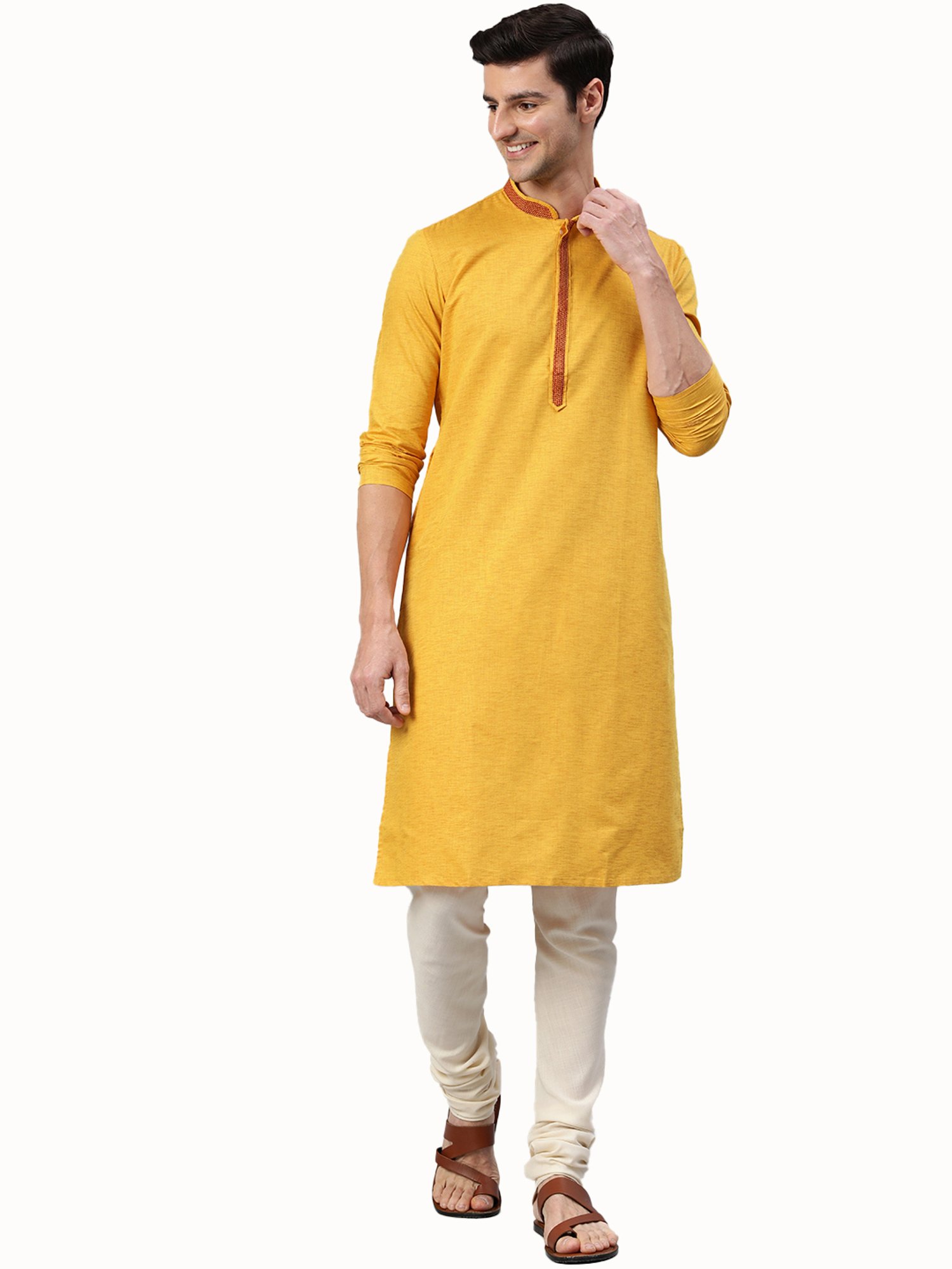 Manthan Mustard Mandarin Collar Kurta