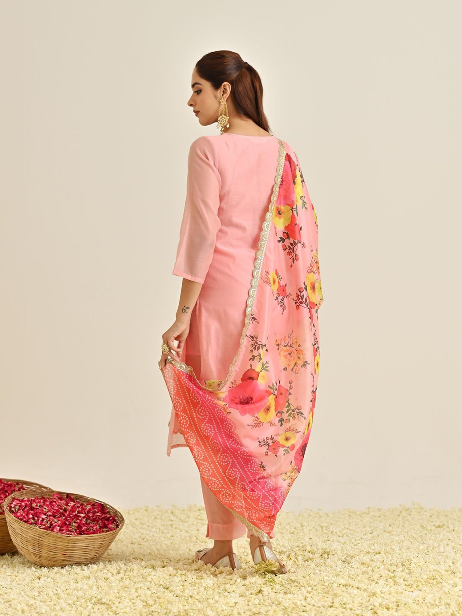 Rustorange Pink Embroidered Kurta With Pant & Dupatta