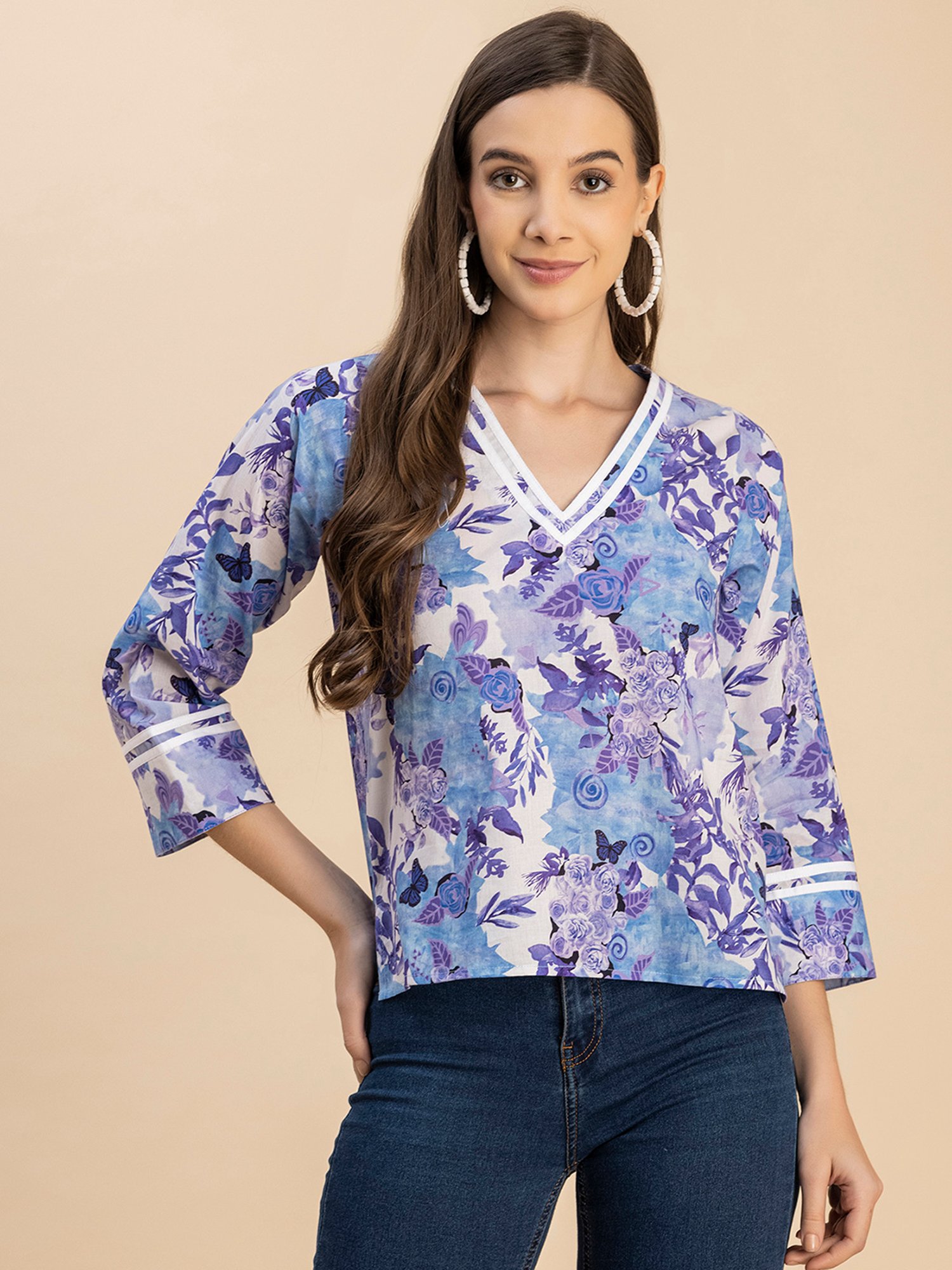 Moomaya Blue & White Cotton Floral Print Top