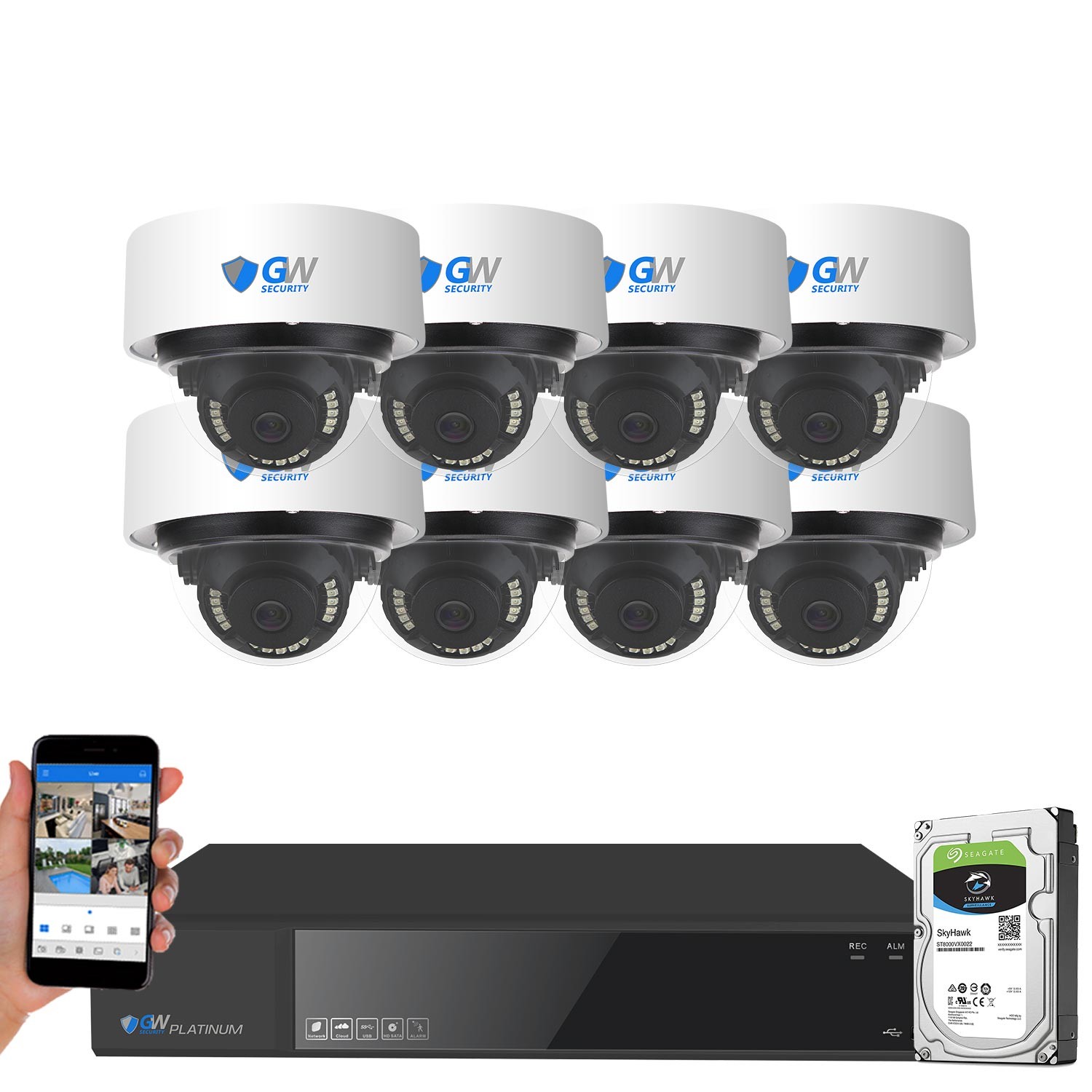 GW Security 8 Channel Smart AI Ultra HD 4K (8MP) Video & Audio Color Night Vision Security Camera System (8 Cameras)