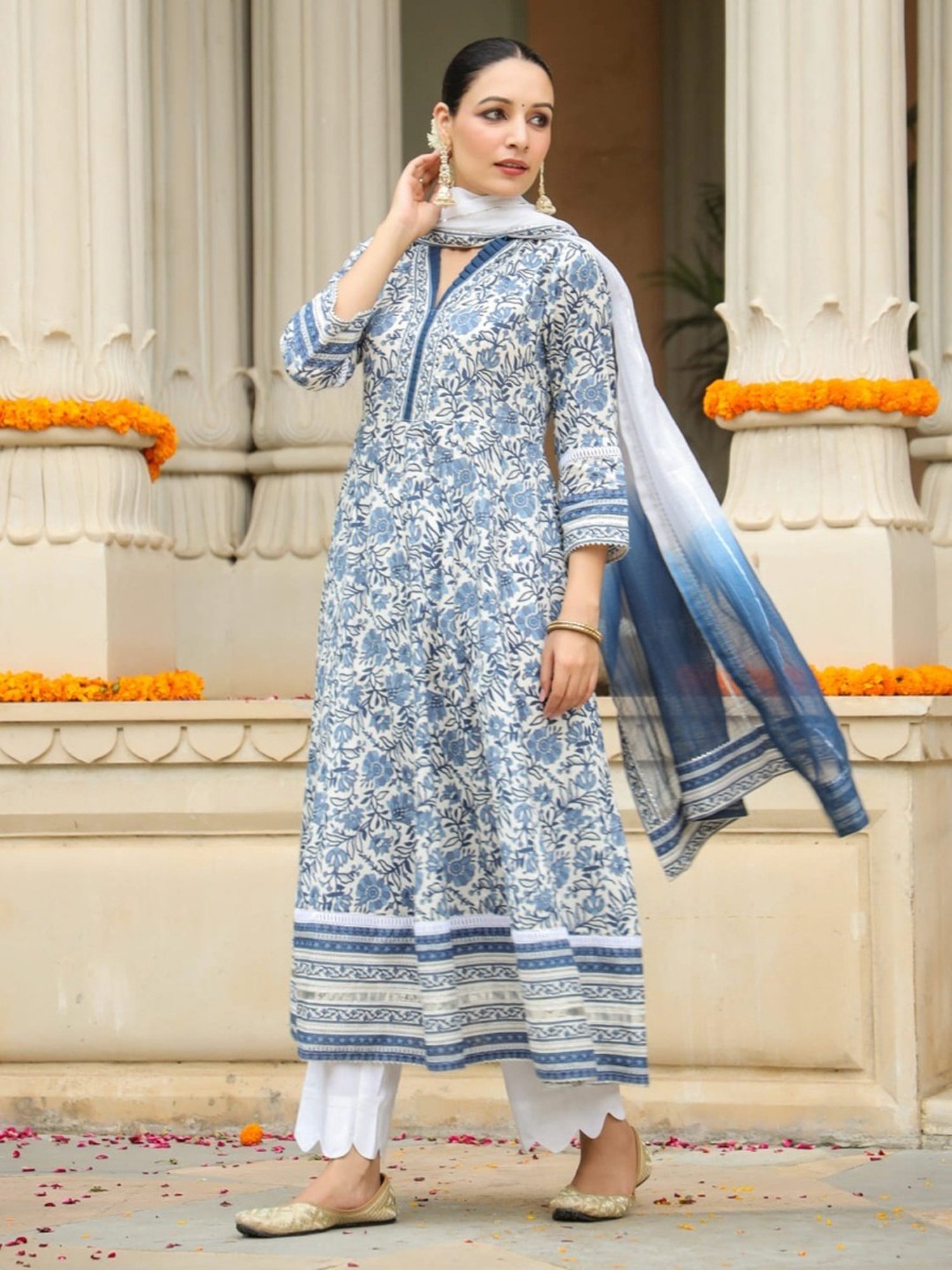 Rain and Rainbow Blue Cotton Floral Print Kurta Pant Set With Dupatta