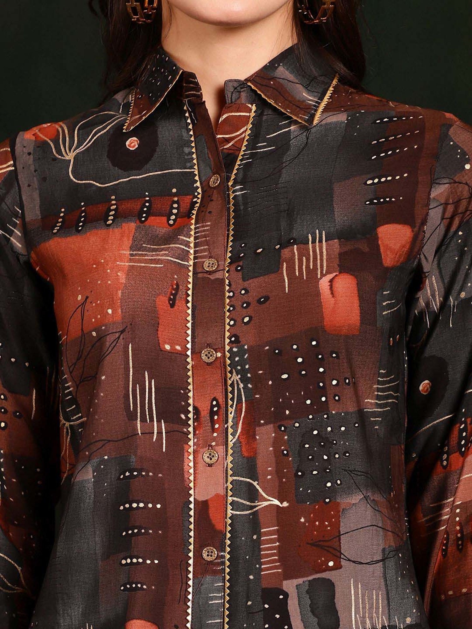 Claura Brown Printed Shirt Pant Set