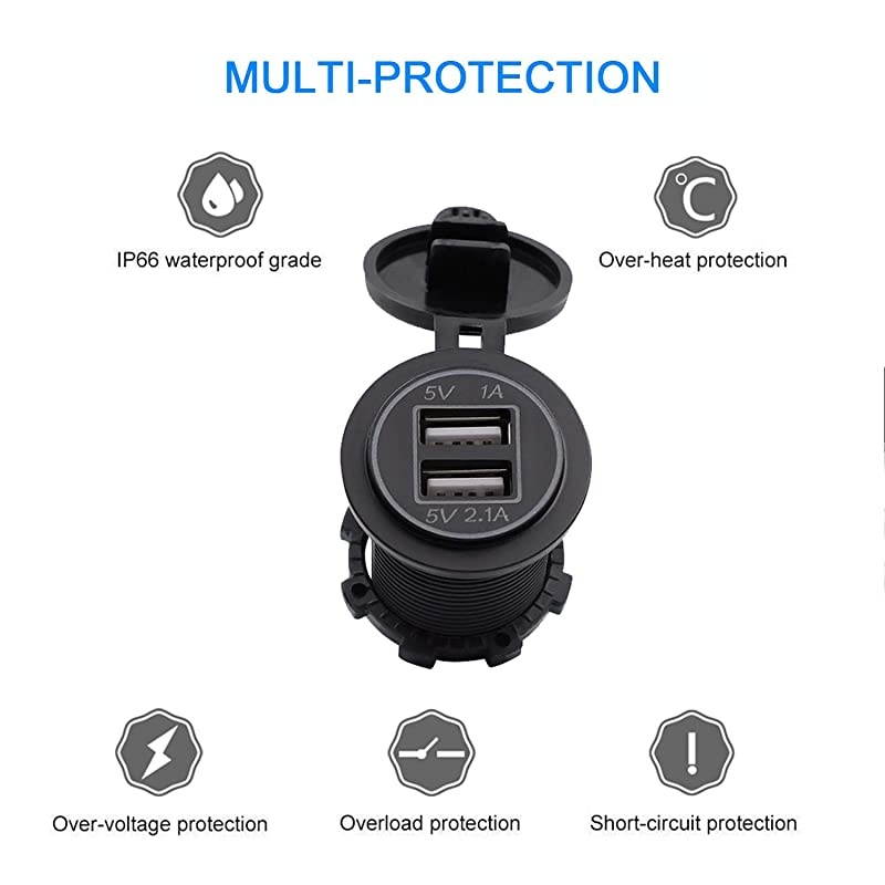 USB Charger Socket Power Outlet 1A amp 21A for Car Boat Marine Mobile with Wire Fuse DIY Kit 31ABlue