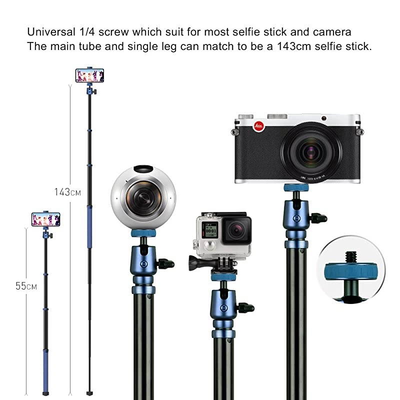 Compatible for Camera Phone Compact Aluminum Tripod,56 Inch 1.87lbs Portable Lightweight Tripod Monopod Stand with Ball Head Phone Grip and Carry Bag for DV Canon Nikon Sony DSLR Cameras (Blue)