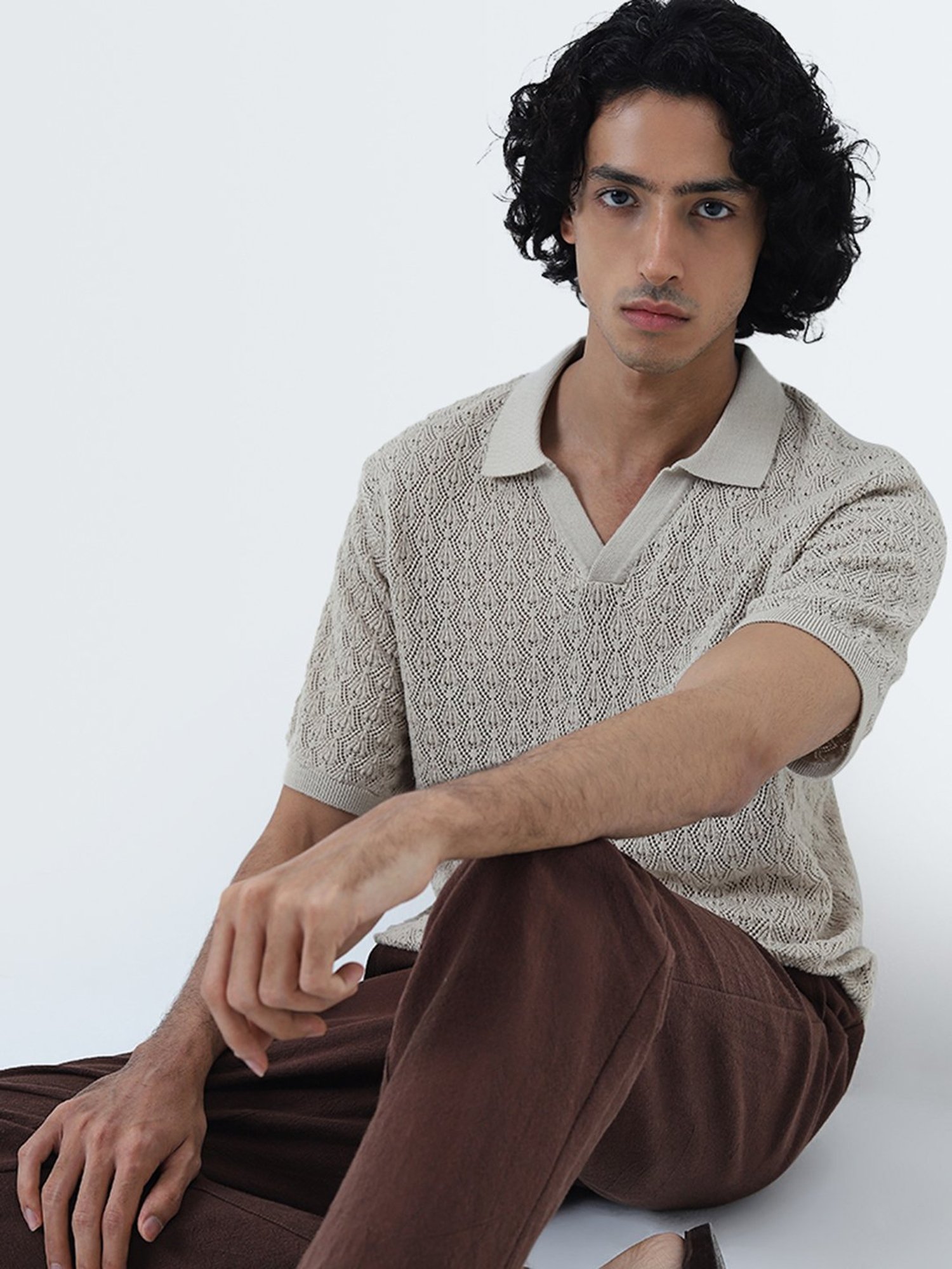 ETA by Westside Taupe Knitted Slim-Fit Cotton T-Shirt
