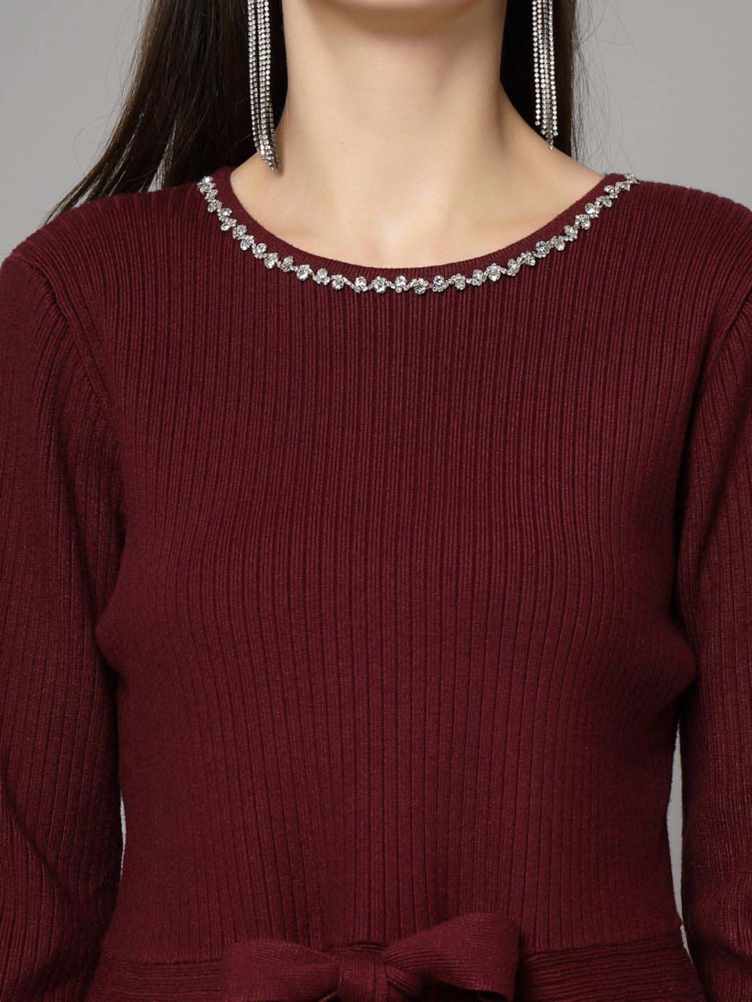 Mafadeny Maroon Embellished Top Pants Set