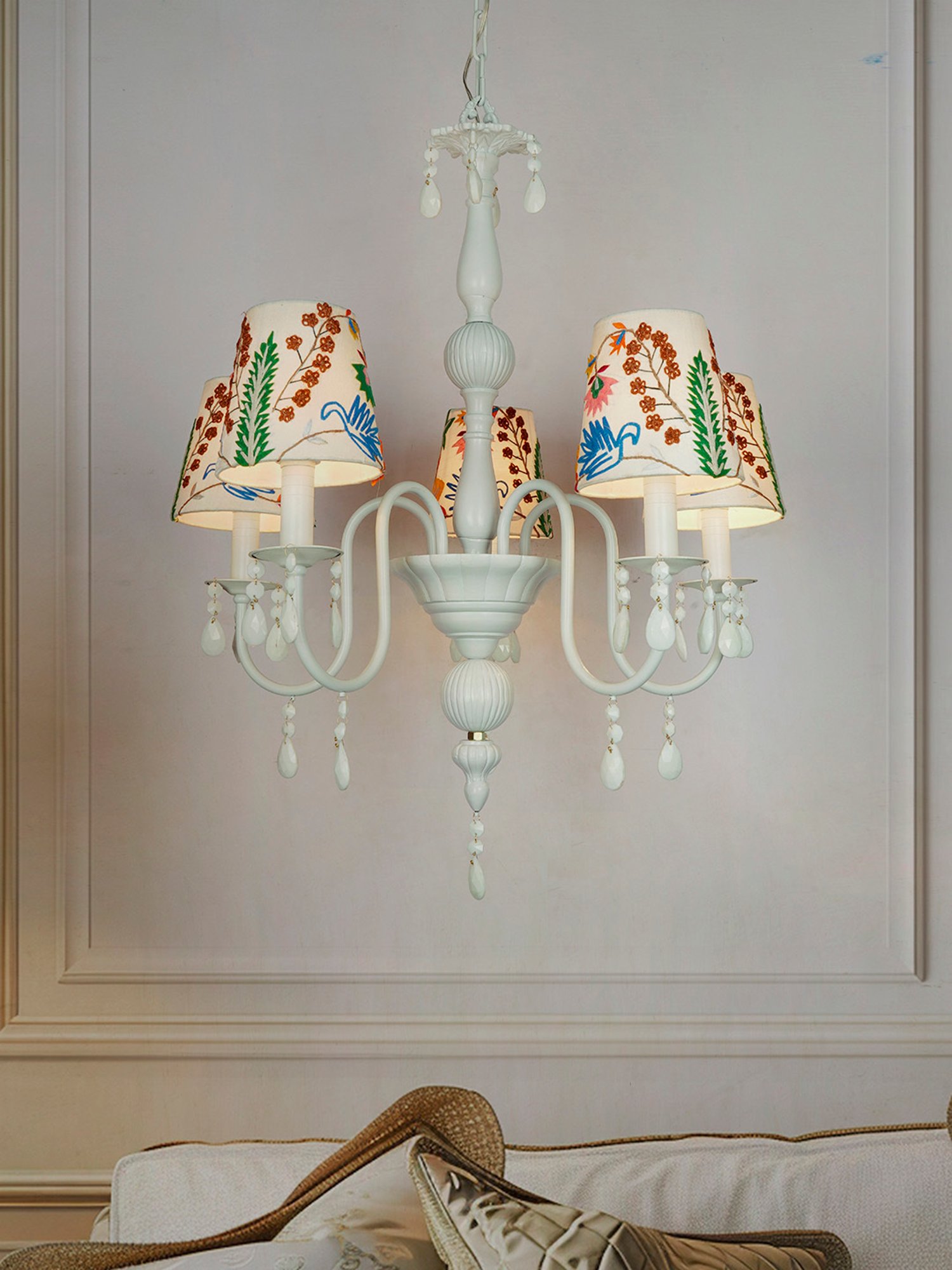 FOS LIGHTING Sparkling Blooms White Mild Steel 5 Light Chandelier with Embroidered Florals