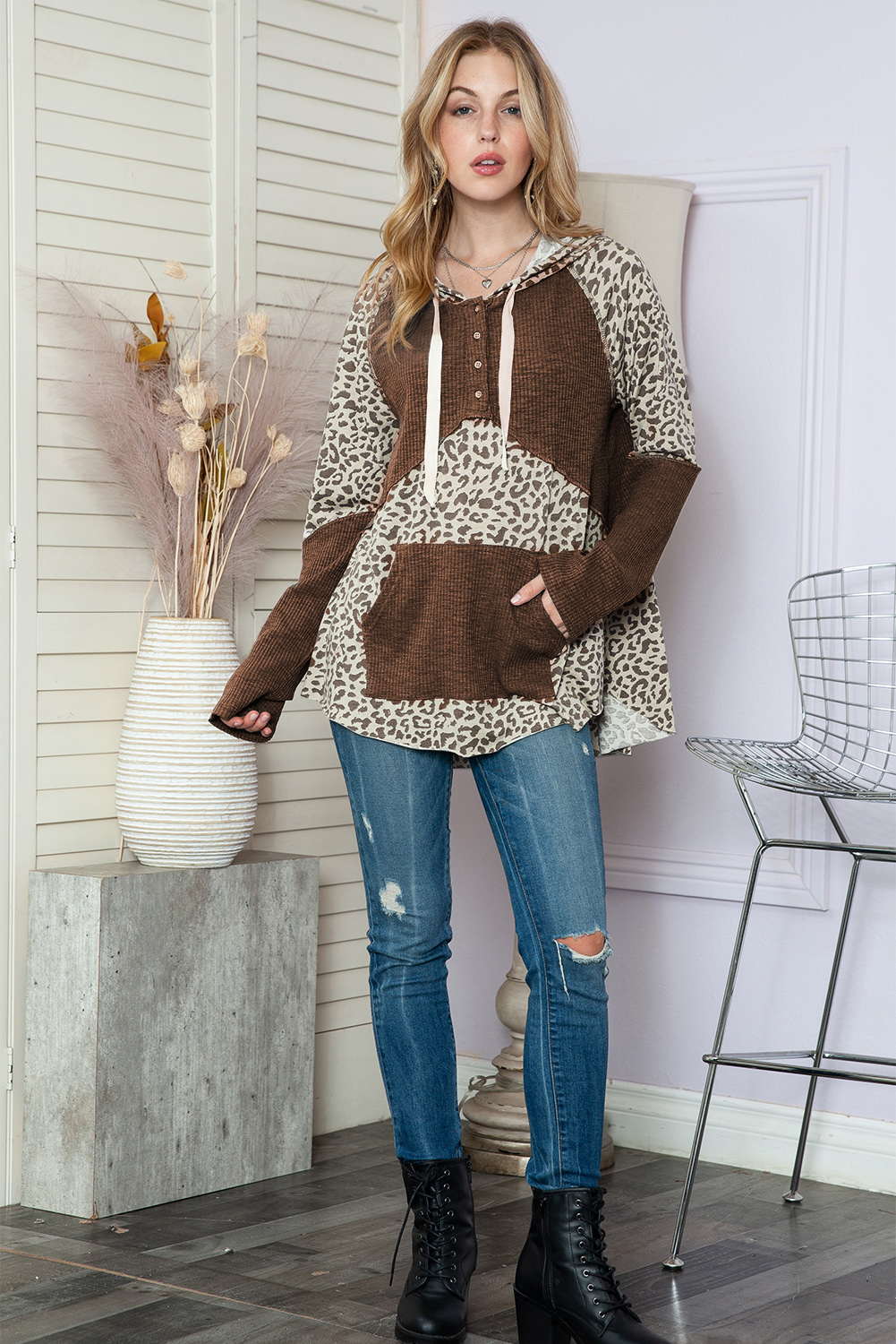 Khaki Plain Drop Shoulder Ribbed Trim Oversized Sweatshirt