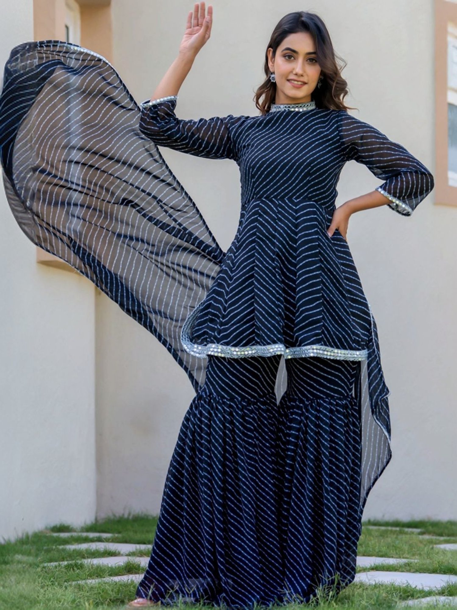 HOUSE OF JAMOTI Black Printed Short Kurti Sharara Set With Dupatta