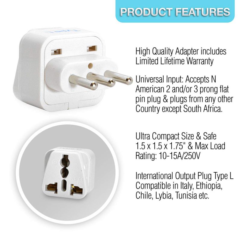 Ceptics Grounded Italy, Chile, Uruguay  Travel Plug Adapter (Type L), Universal Socket Plug Accepts Plugs From any Country, Perfect for Cell Phones, Laptops, Chargers and More - 3 Pack (GP-12A)