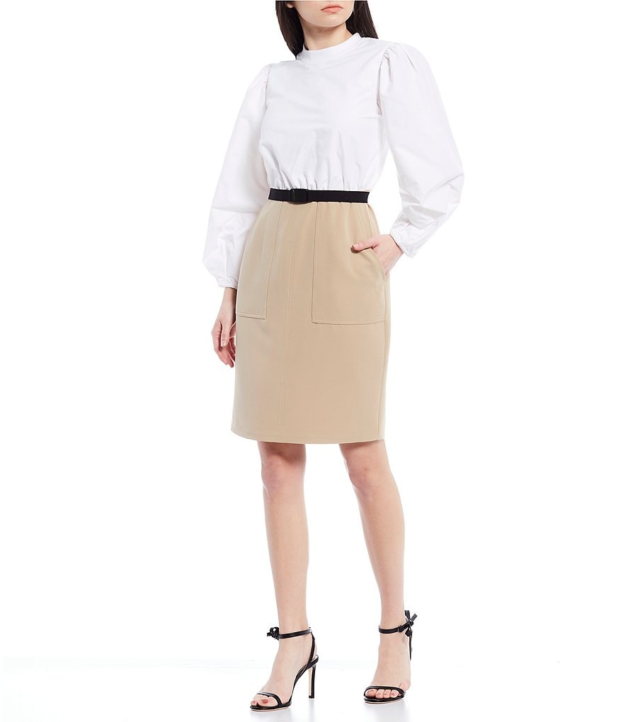 LDT Alecia Two-Tone Long Puffed Sleeve Belted Stretch Crepe Dress