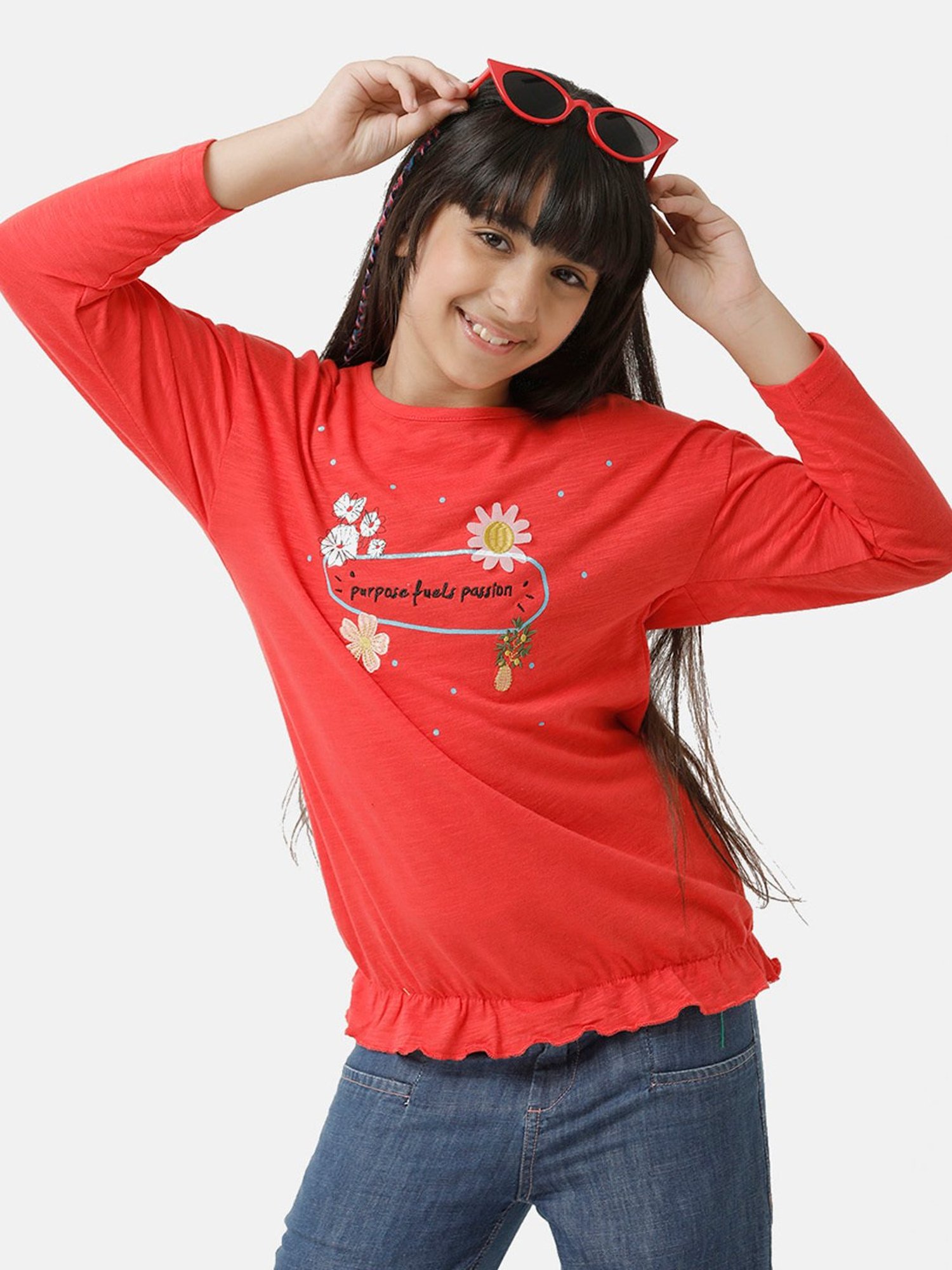 Under Fourteen Only Kids Red Embroidered Full Sleeves Top