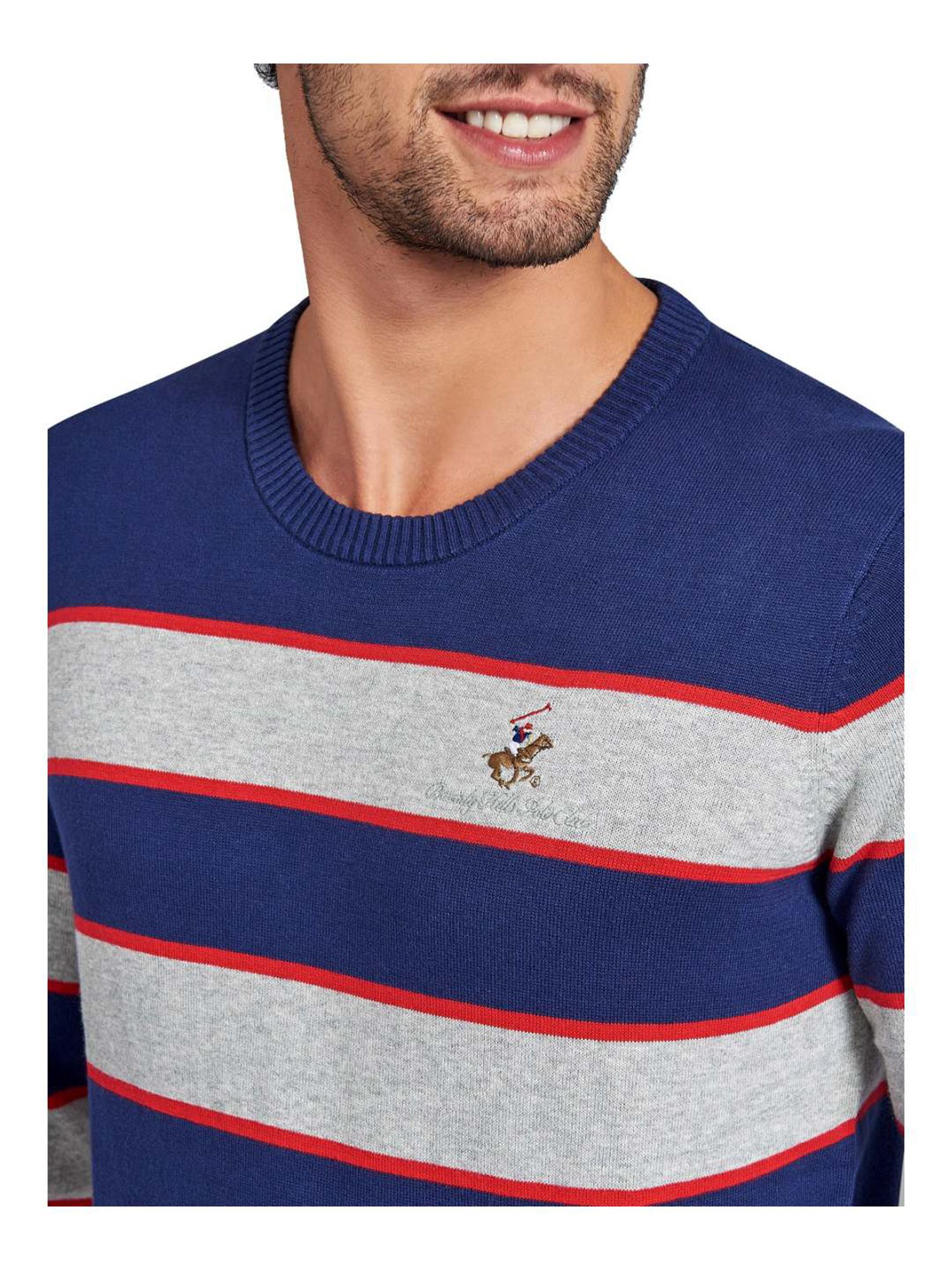 Beverly Hills Polo Club Navy & Grey Cotton Regular Fit Striped Sweater