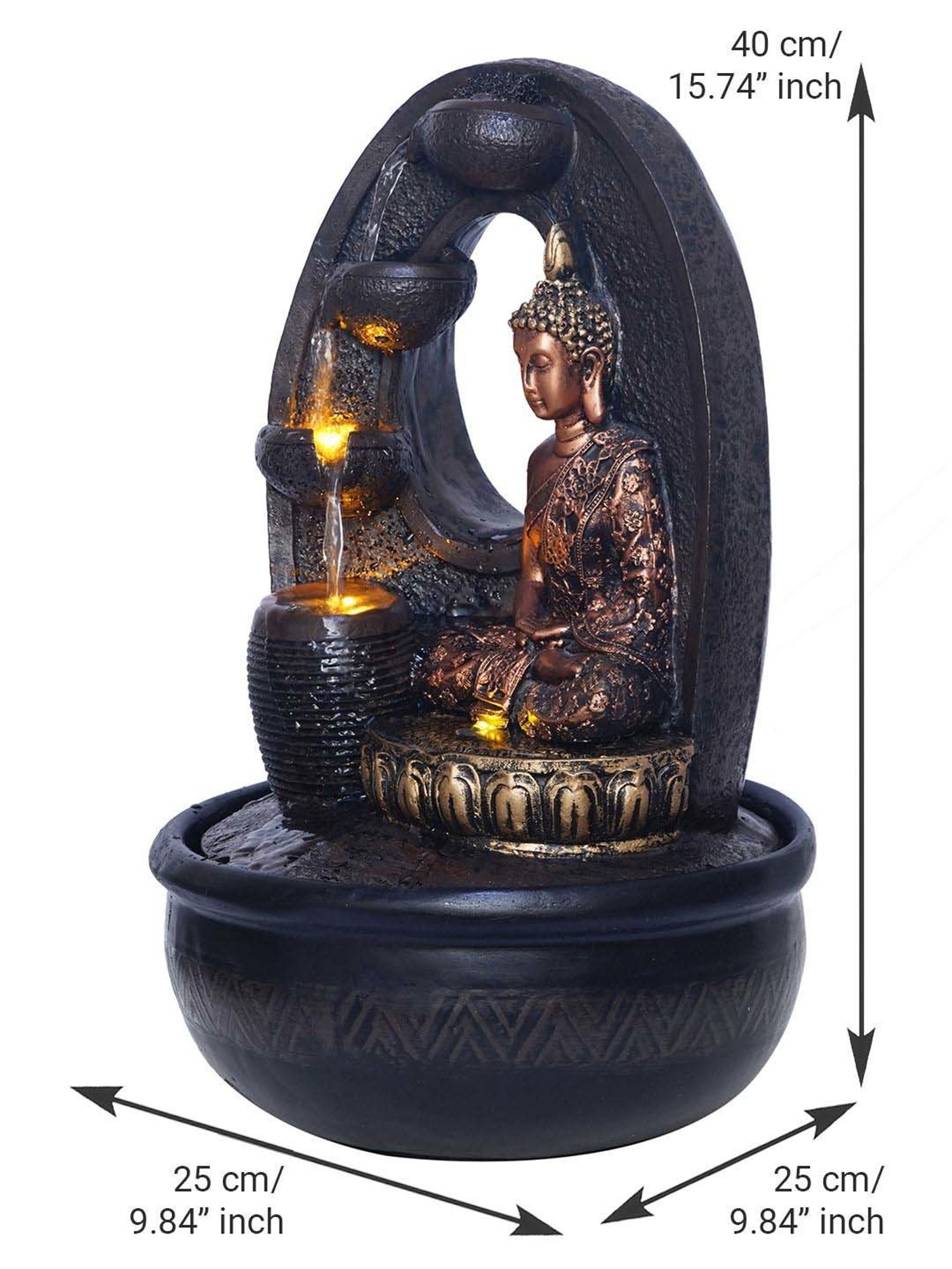 CHRONIKLE Brown & Golden Polyresin Meditating Buddha 4 Steps Waterfall Fountain