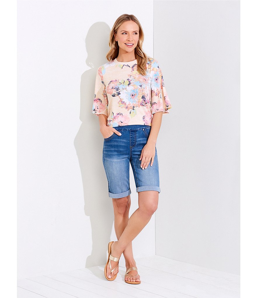 Westbound Petite Size Painterly Flower Print Flounce Sleeve Top