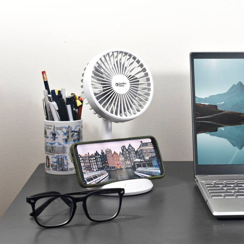 Comfort Zone Rechargeable Fan with Wireless Charger White