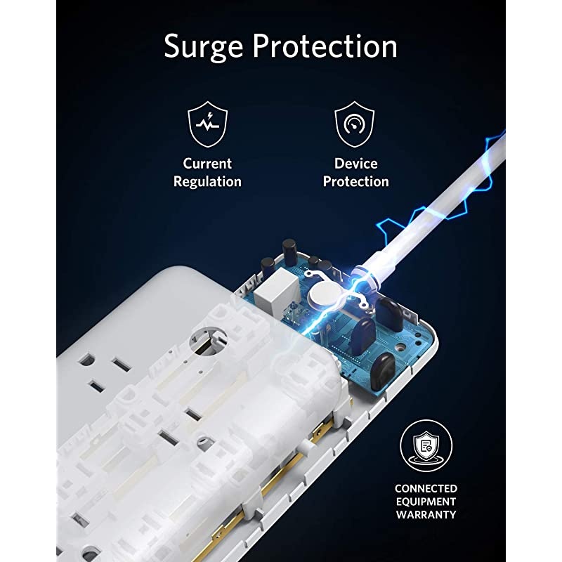 Protector Power Strip Anker 6 Outlet amp 3 PowerIQ USB Charging Ports USB Power Strip PowerPort Strip 6 with 66 Foot Long Extension Cord Flat Plug for Home Office and More 1280 Joule
