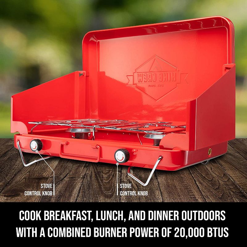 Hike Crew Portable Dual Propane Burner Camping Stove, Built-in Carrying Handle, Foldable Legs & Wind Panels