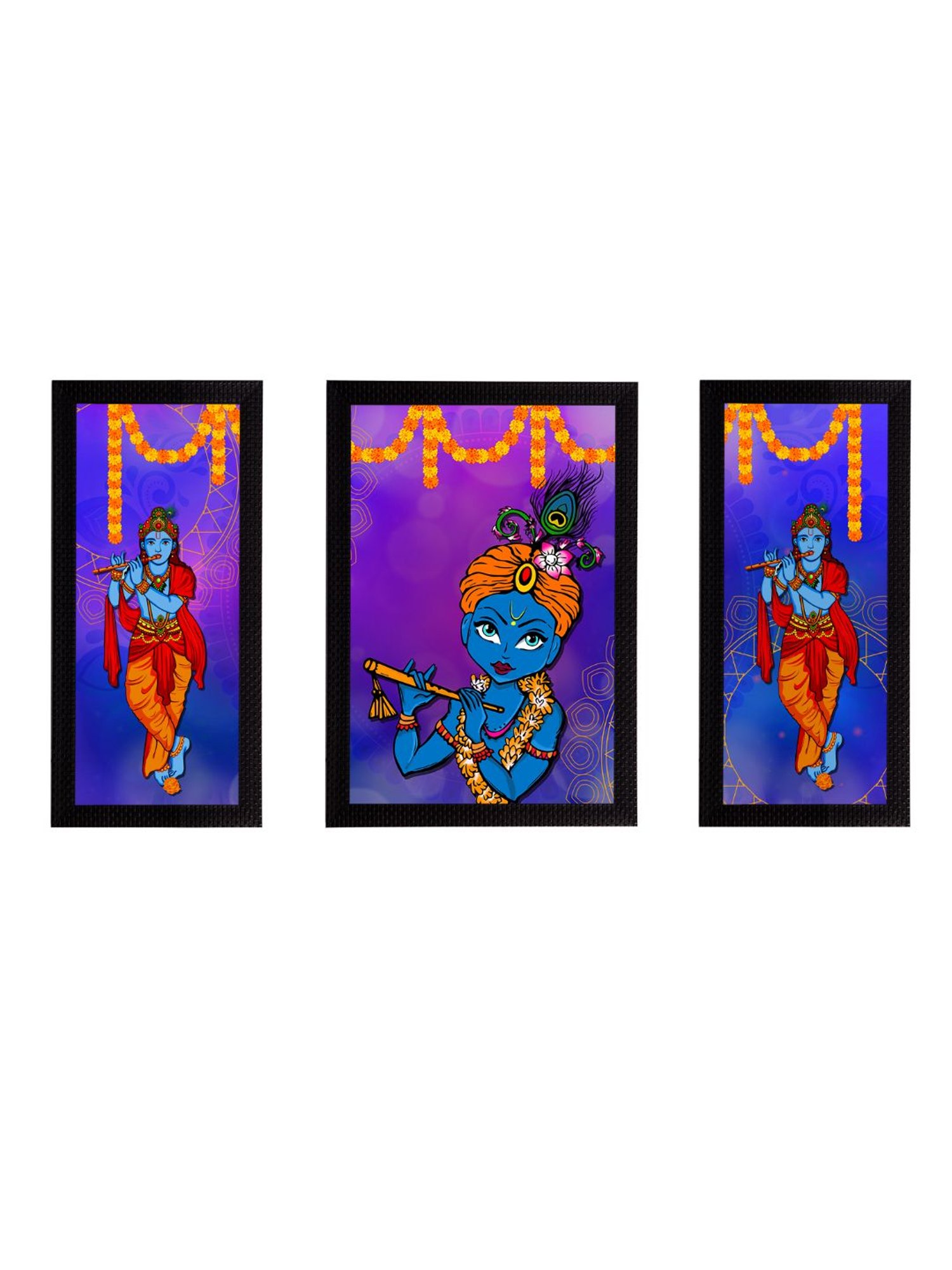 eCraftIndia Set of 3 Lord Krishna Satin Matt Texture UV Art Painting