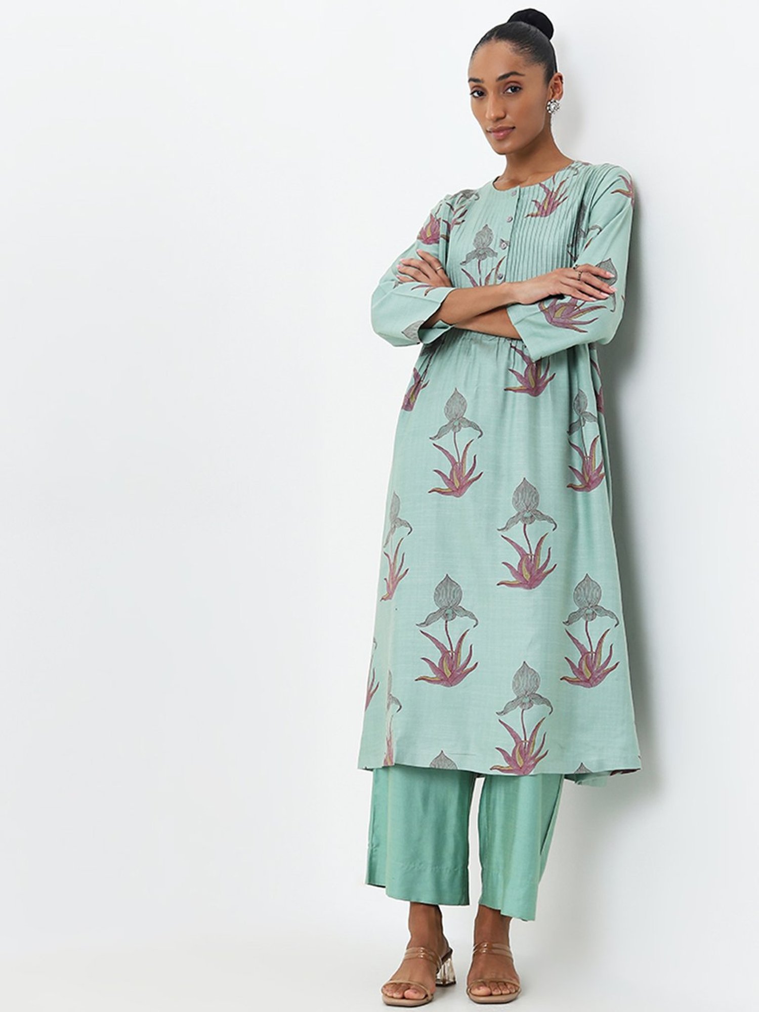 Zuba by Westside Mint Floral Printed A-Line Kurta