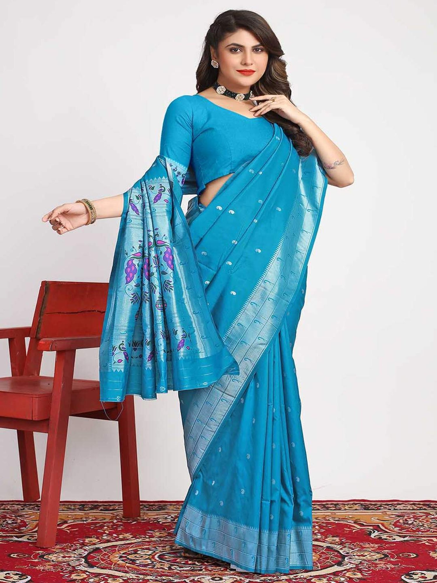 SHUBHKALA Blue Silk Woven Saree With Unstitched Blouse