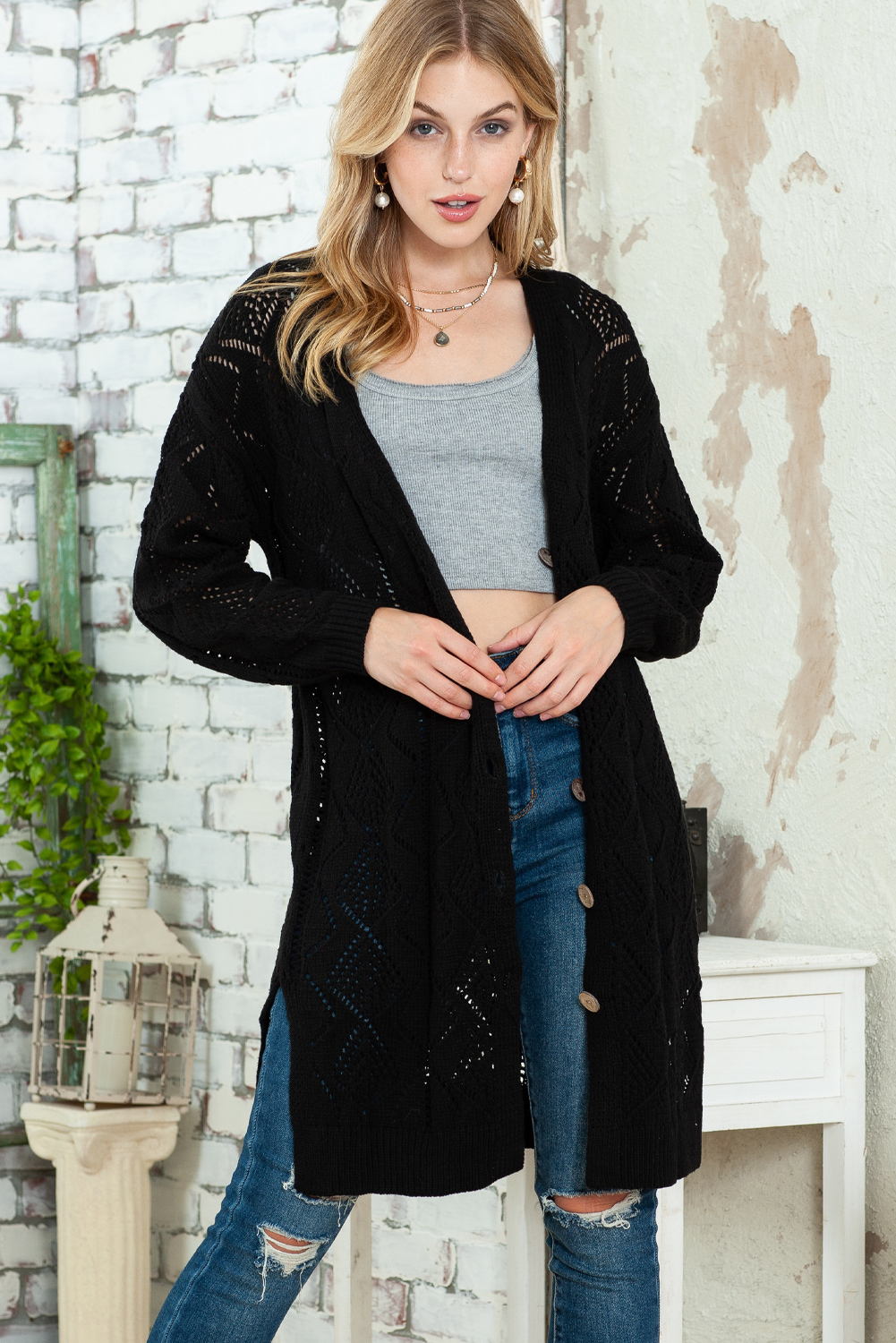 Black Button Up Hollow Out Loose Long Cardigan