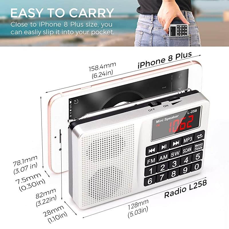 Small Portable Radio AM FM SW Digital Rechargeable Radio with Neodymium Speaker, Large Buttons, Support USB SD TF Card MP3 Player(Gold)
