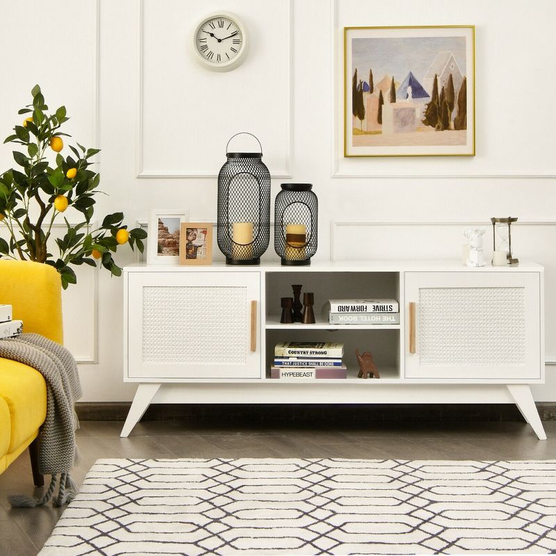 Costway TV Stand Entertainment Media Console w/ 2 Rattan Cabinets & Open Shelves