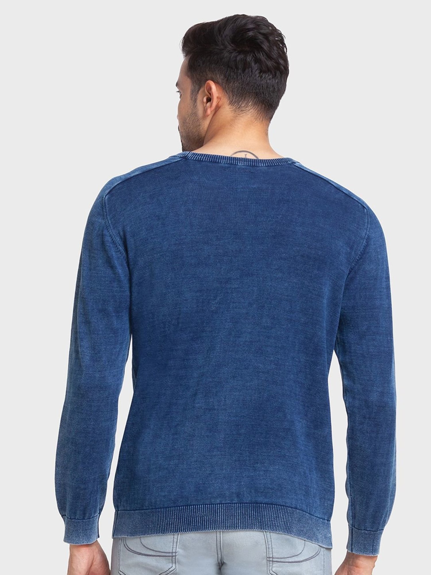 ColorPlus Blue Cotton Tailored Fit Self Pattern Sweaters