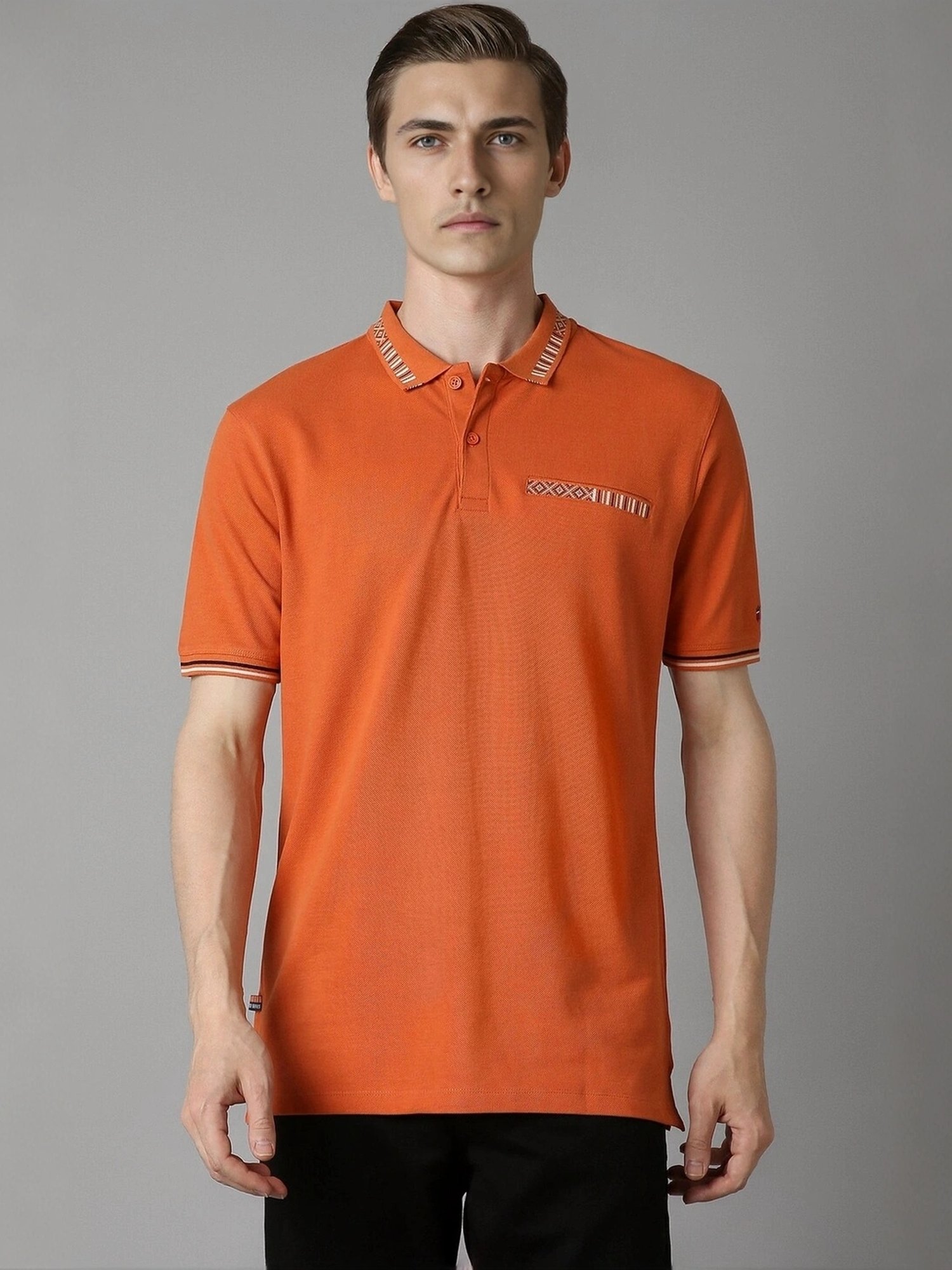 Louis Philippe Orange Cotton Slim Fit Printed Polo T-Shirt