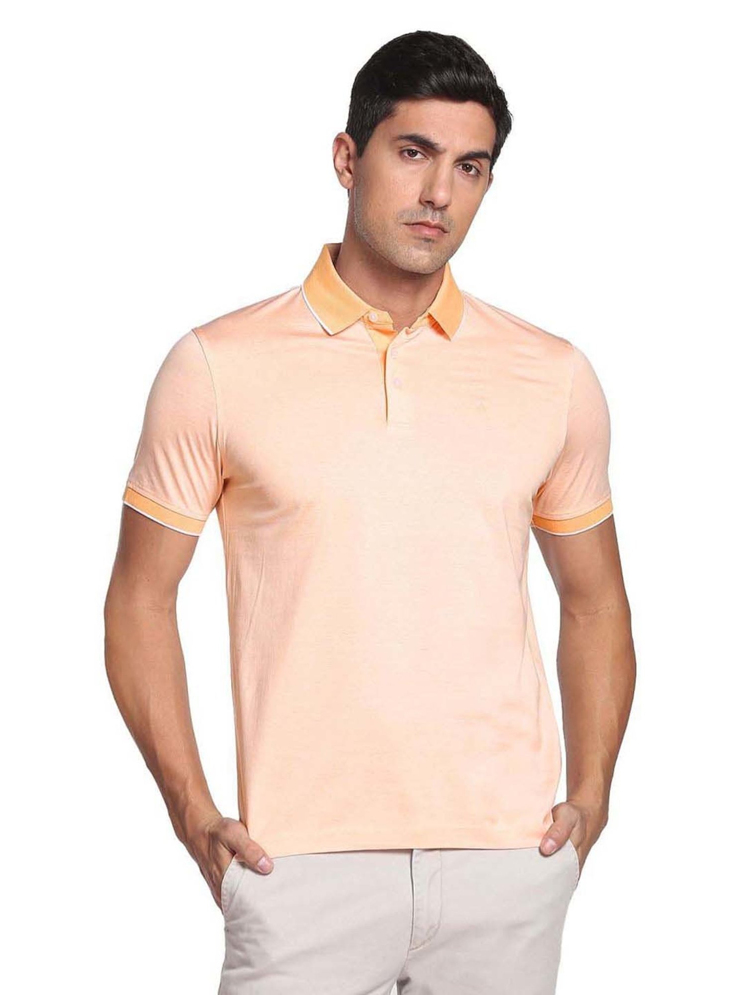 Arrow Peach Cotton Regular Fit Striped Polo T-Shirt