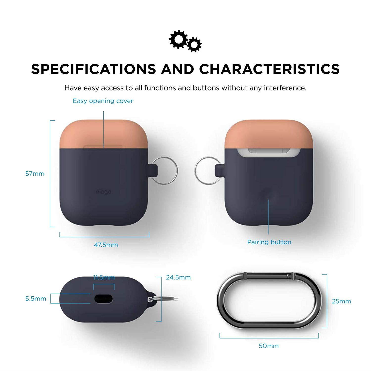 elago AirPods Duo Hang Case [Body:Jean Indigo/TOP:Peach, Grey] - [Extra Protection] [Hassle Free][Added Carabiner] - for AirPods Case