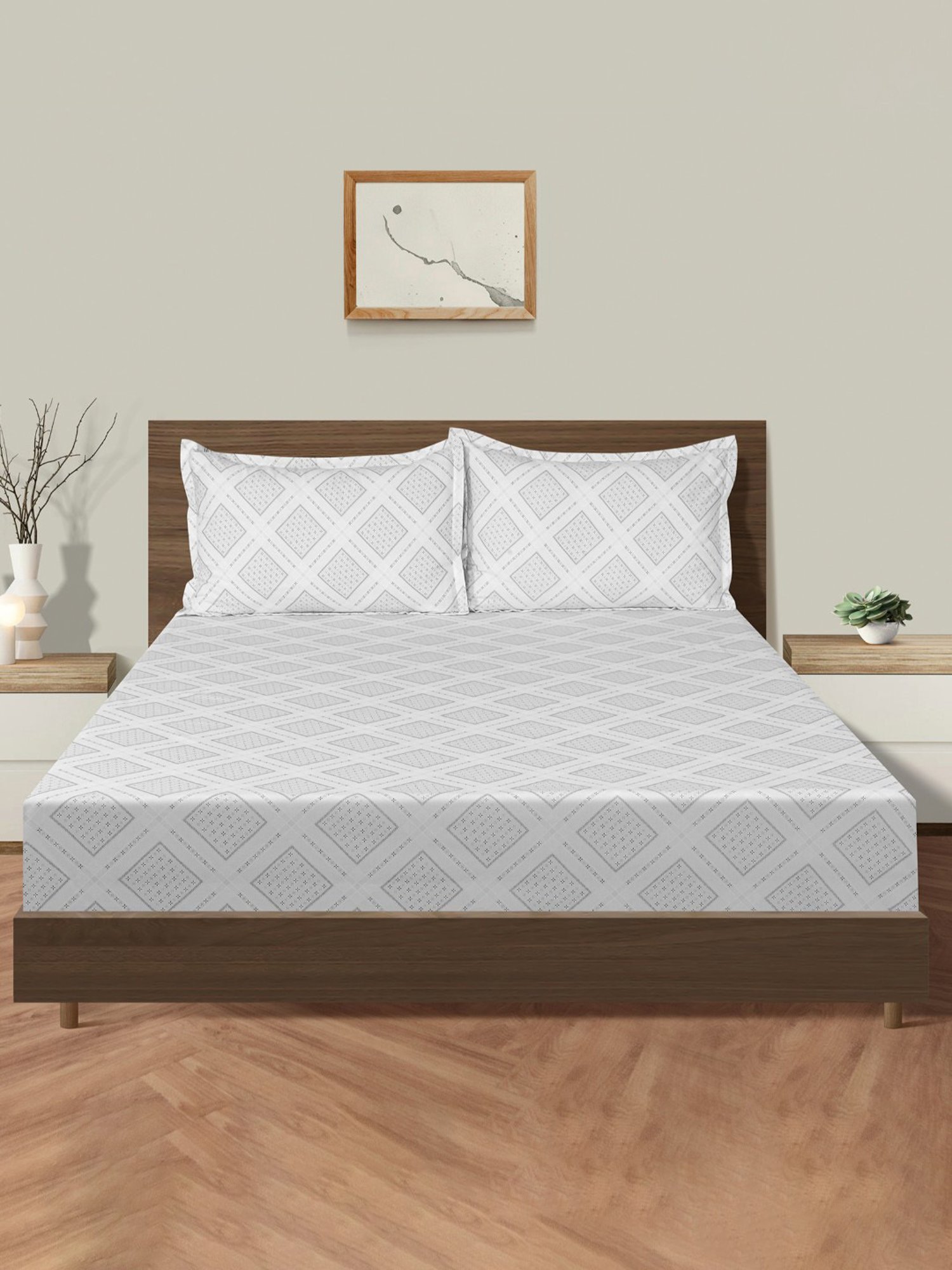 Swayam Dona Abstract Grey 250 TC Cotton King Bedsheet with 2 Pillow Covers