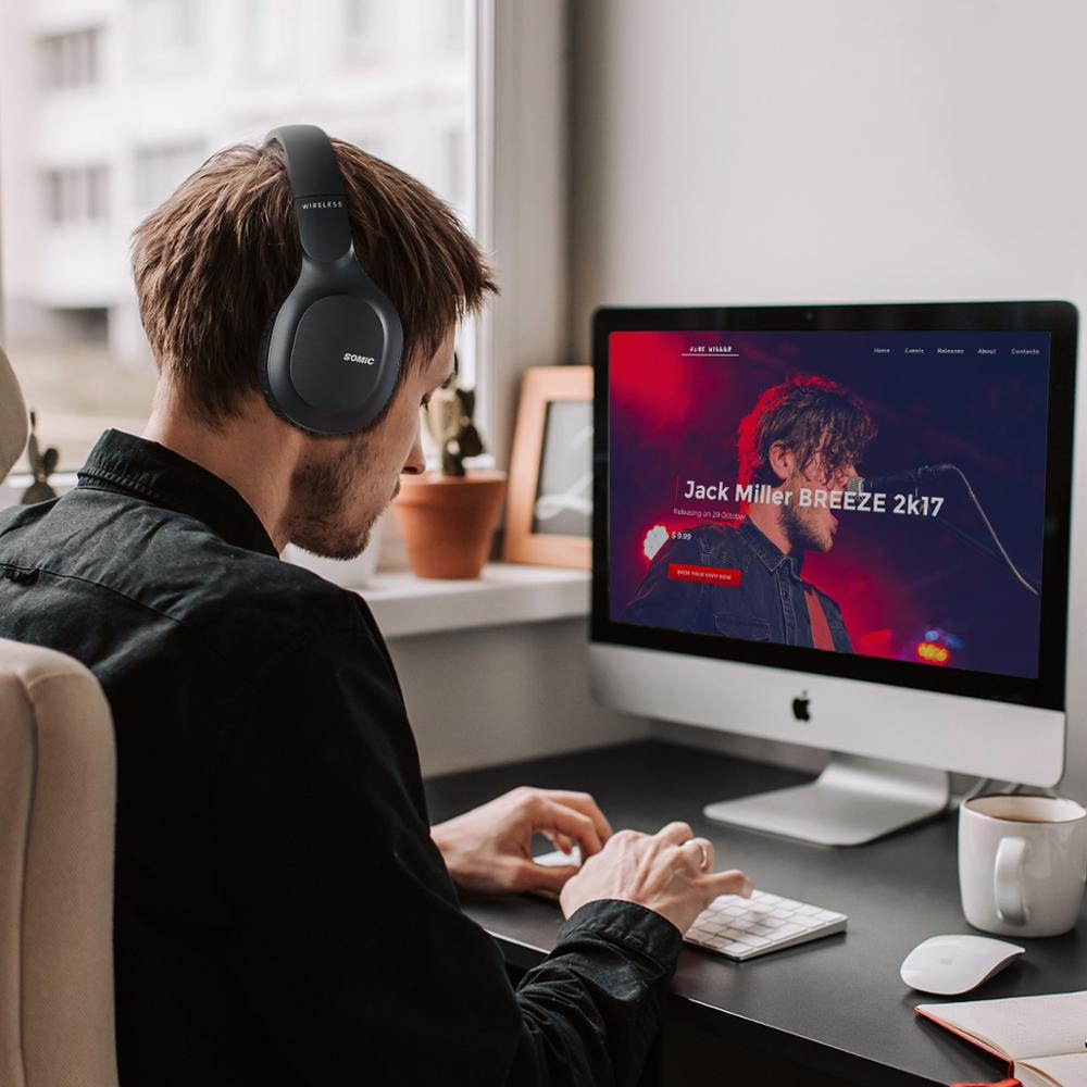 SOMiC Bluetooth Headphones Wireless 72H Playtime CVC8.0 Noise Reduction Hi-Res Certified Sound Headset Comfortable to Wear MS300