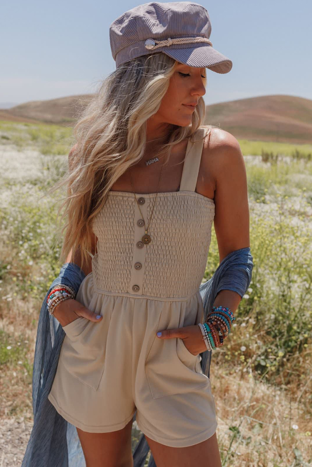 Dusk Blue Chest Pocket Front Buttoned Folded Edge Denim Short Sleeve Romper