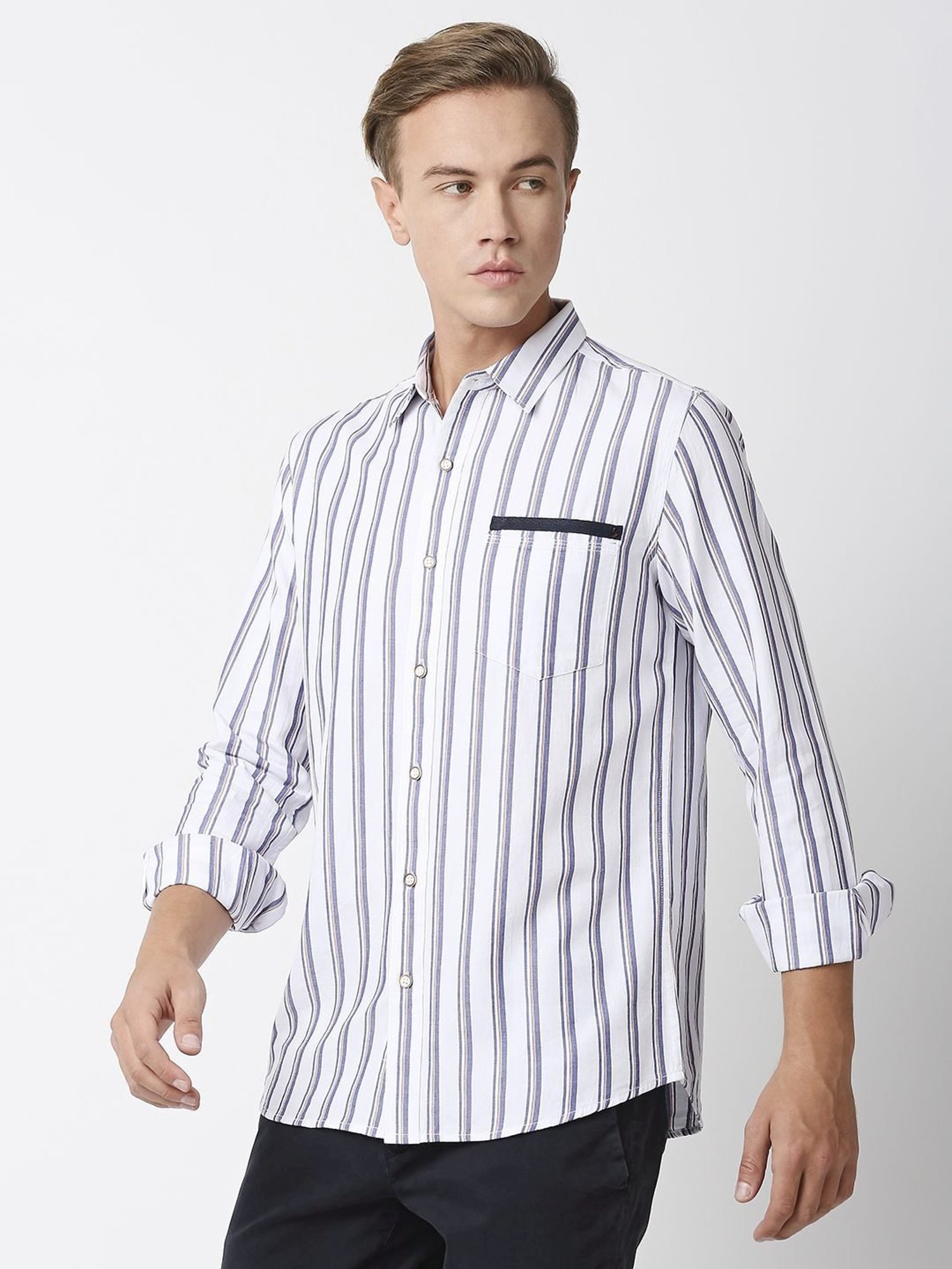Solemio White Slim Fit Striped Shirt