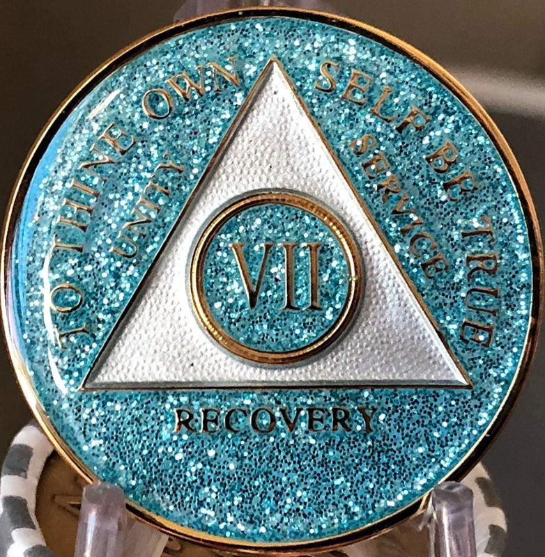 7 Year AA Medallion Aqua Glitter Tri-Plate Bling Bling Chip