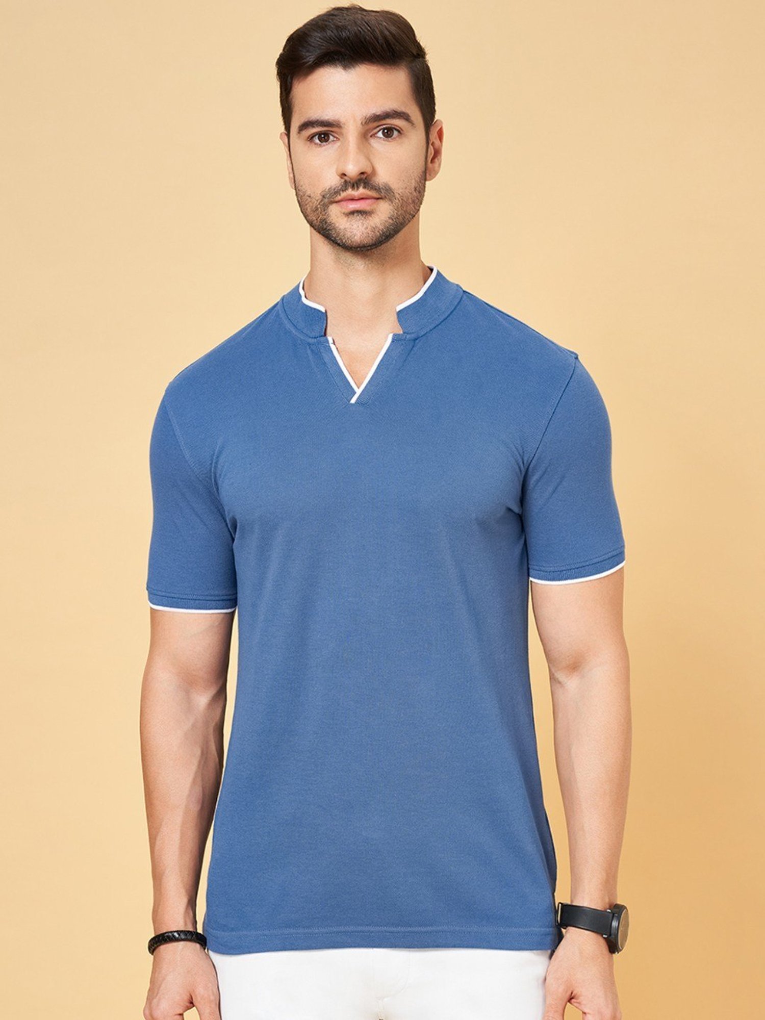 Byford by Pantaloons Dull Blue Cotton Slim Fit T-Shirt