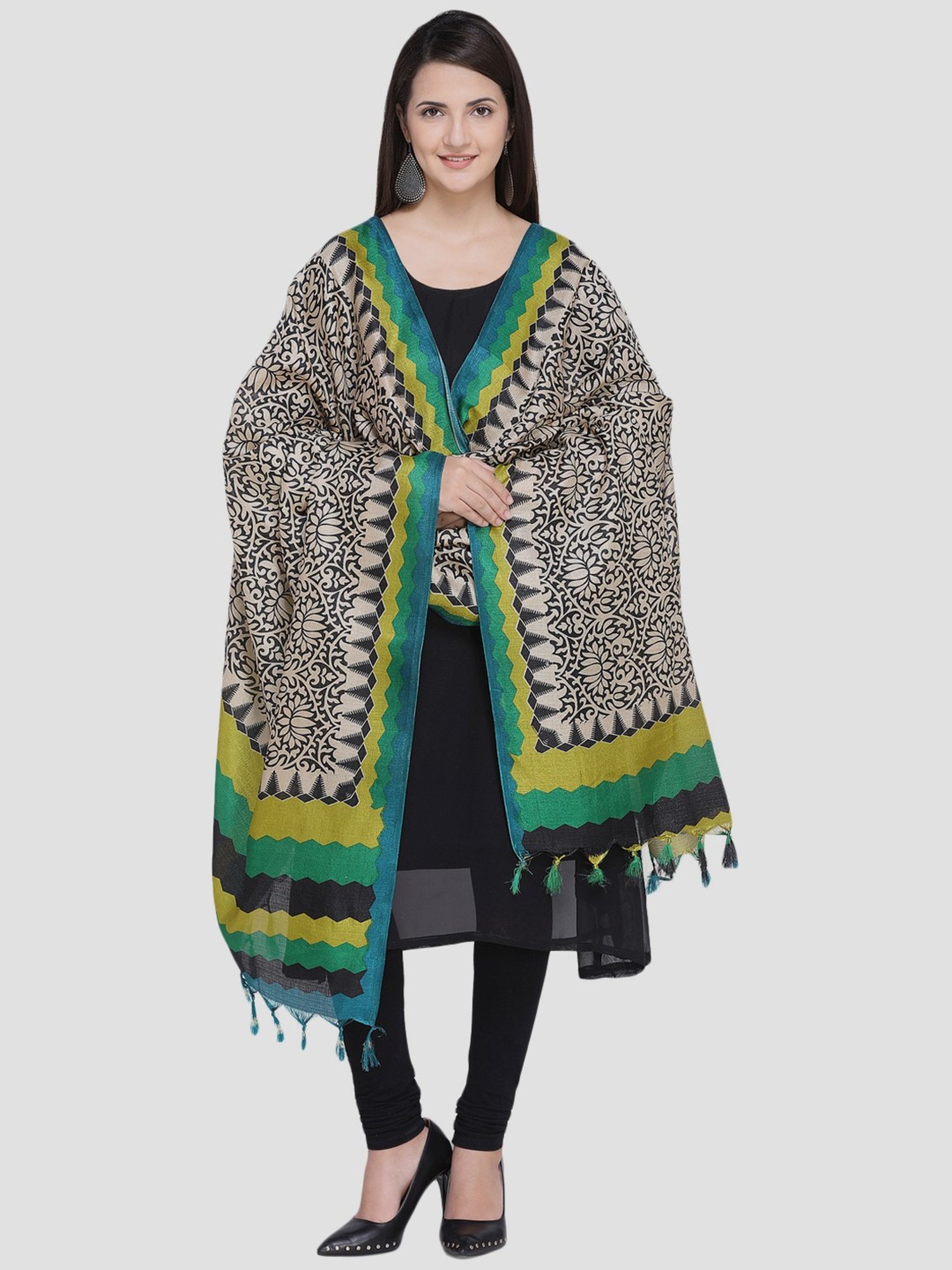 Saree Mall Beige & Green Floral Print Dupatta