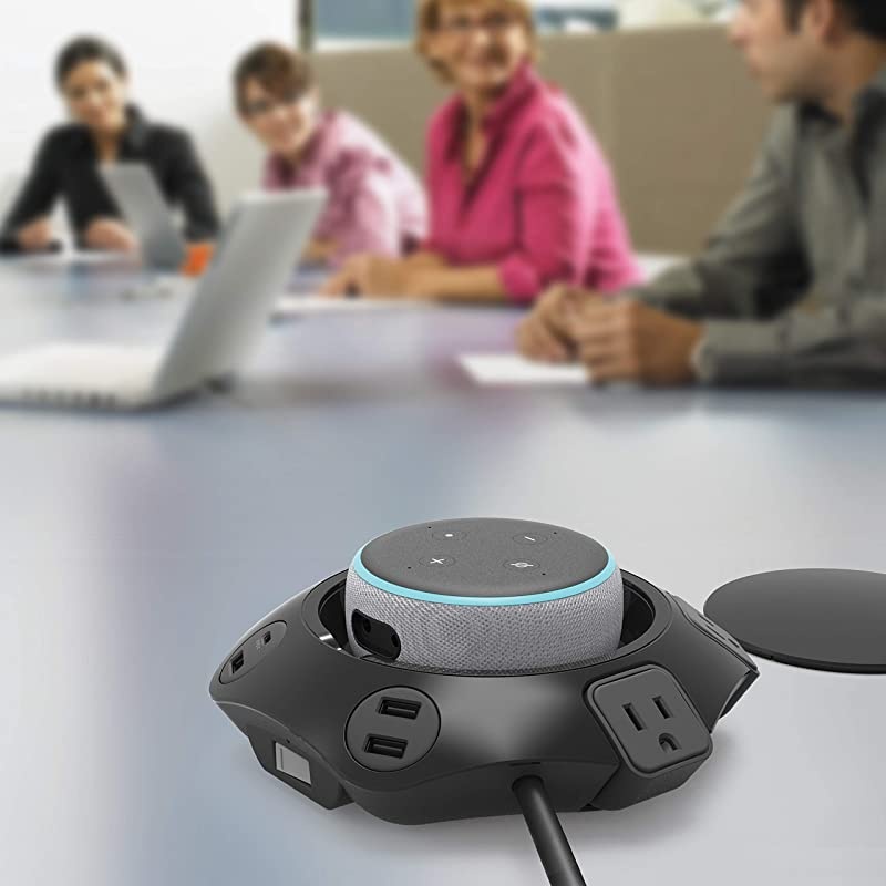 Power Office Perfect IoT hub Holder for Echo Dot 3rd4th Generation and Google Home Mini with 4 Protected outlets 3 USBA and 1 USBC Charging Ports Black 8ft Cord