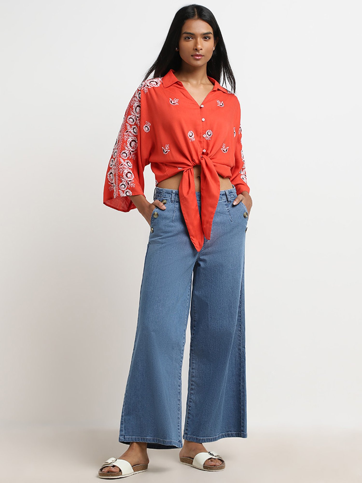 LOV by Westside Dark Orange Floral Embroidered Tie-Up Top