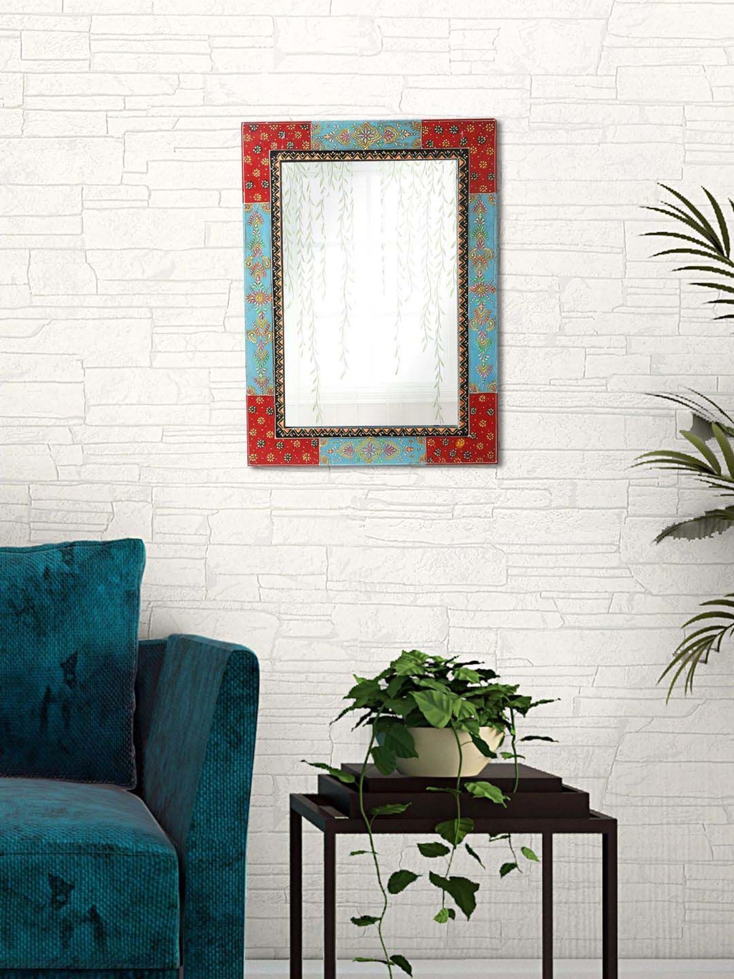 Aapno Rajasthan Red & Blue Wooden Wall Mirror